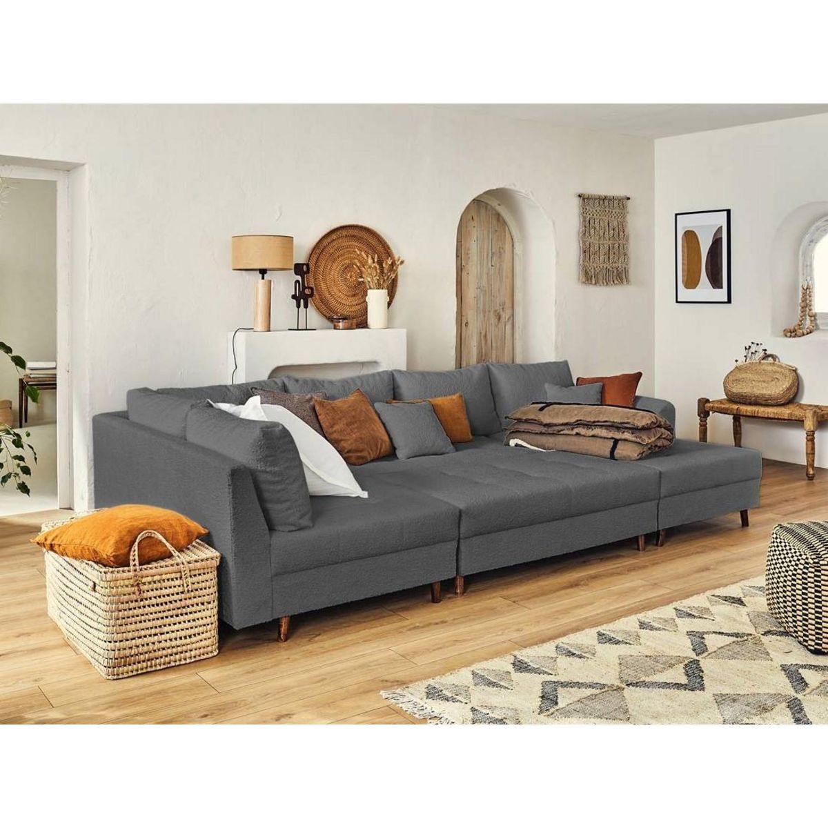 LISA DESIGN Rune - canapé panoramique d'angle gauche - 7 places - avec pouf d'appoint - en tissu bouclette