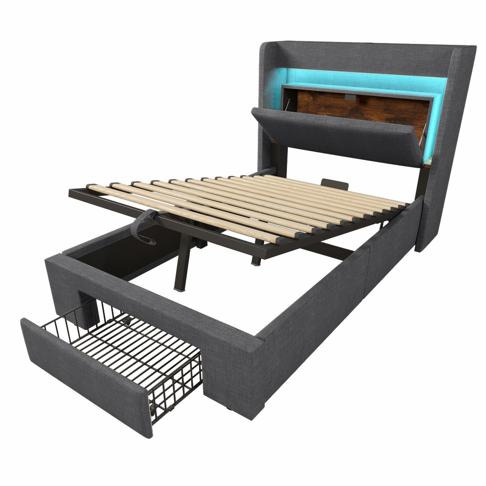 Voir la diapositive 5 : MERAX Lit coffre 90x200 cm en lin avec tête de lit rangement led usb usb-c et sommier à lattes