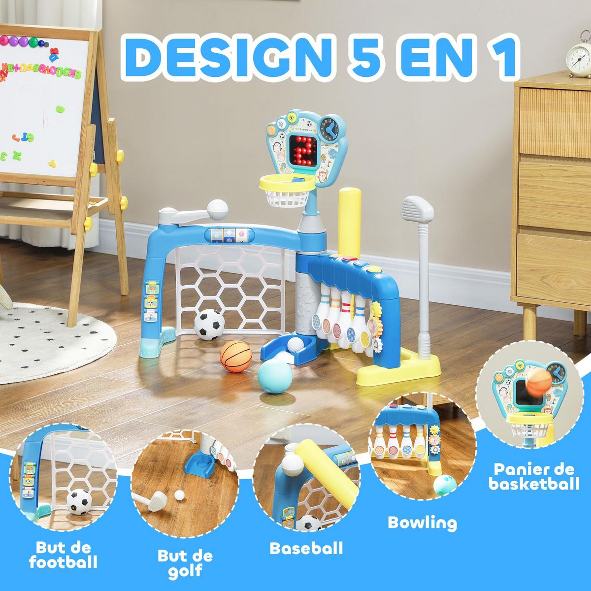 HOMCOM Jeux sportifs 5 en 1 enfant 18-48 mois - foot, basket, golf, baseball, bowling - effets lumineux sonores bleu