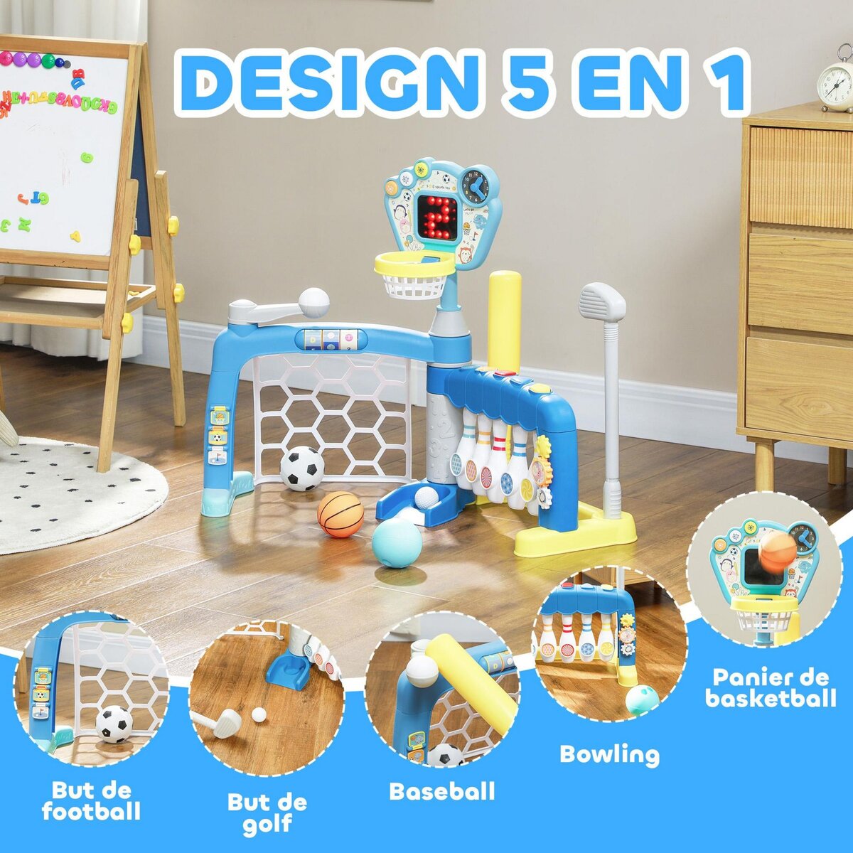 HOMCOM Jeux sportifs 5 en 1 enfant 18-48 mois - foot, basket, golf, baseball, bowling - effets lumineux sonores bleu