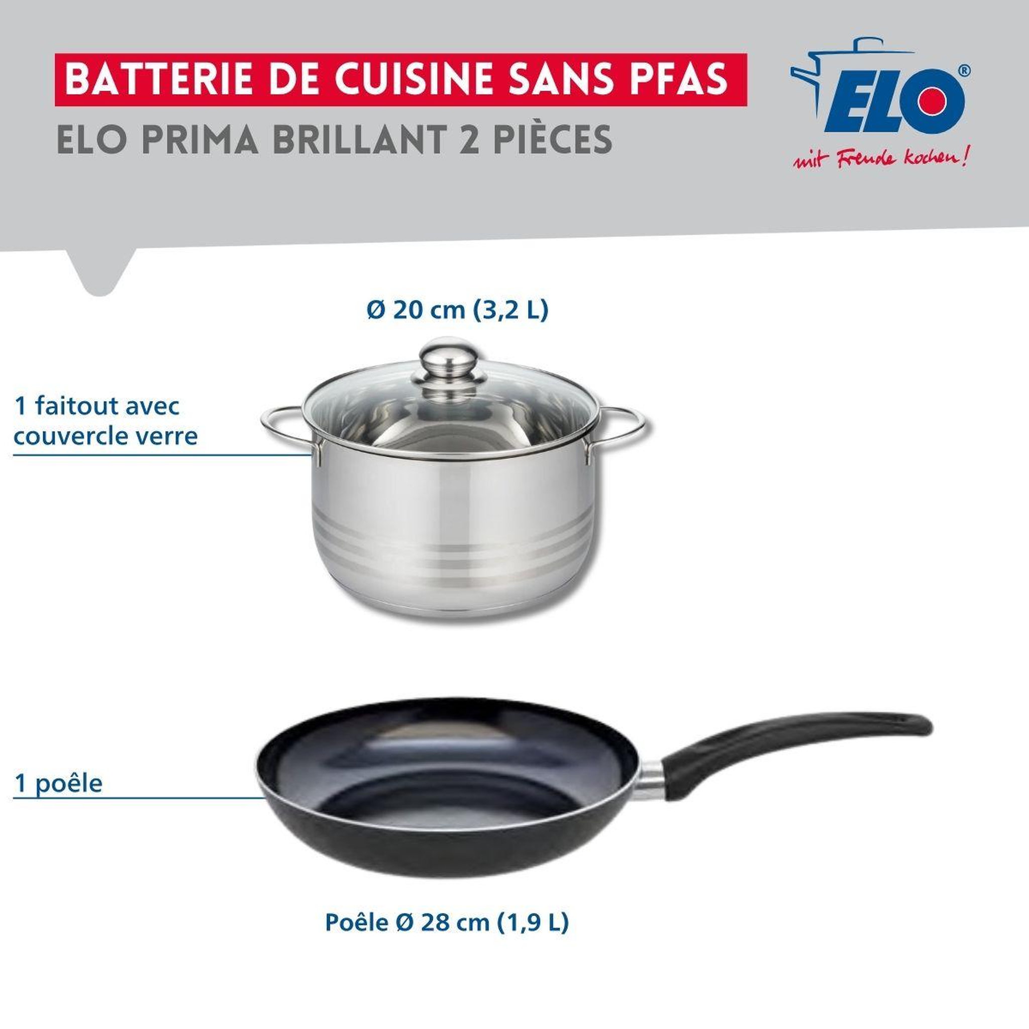 Voir la diapositive 2 : ELO Ensemble de 1 poêle de cuisson 28 cm et 1 faitout 20 cm elo prima brillant