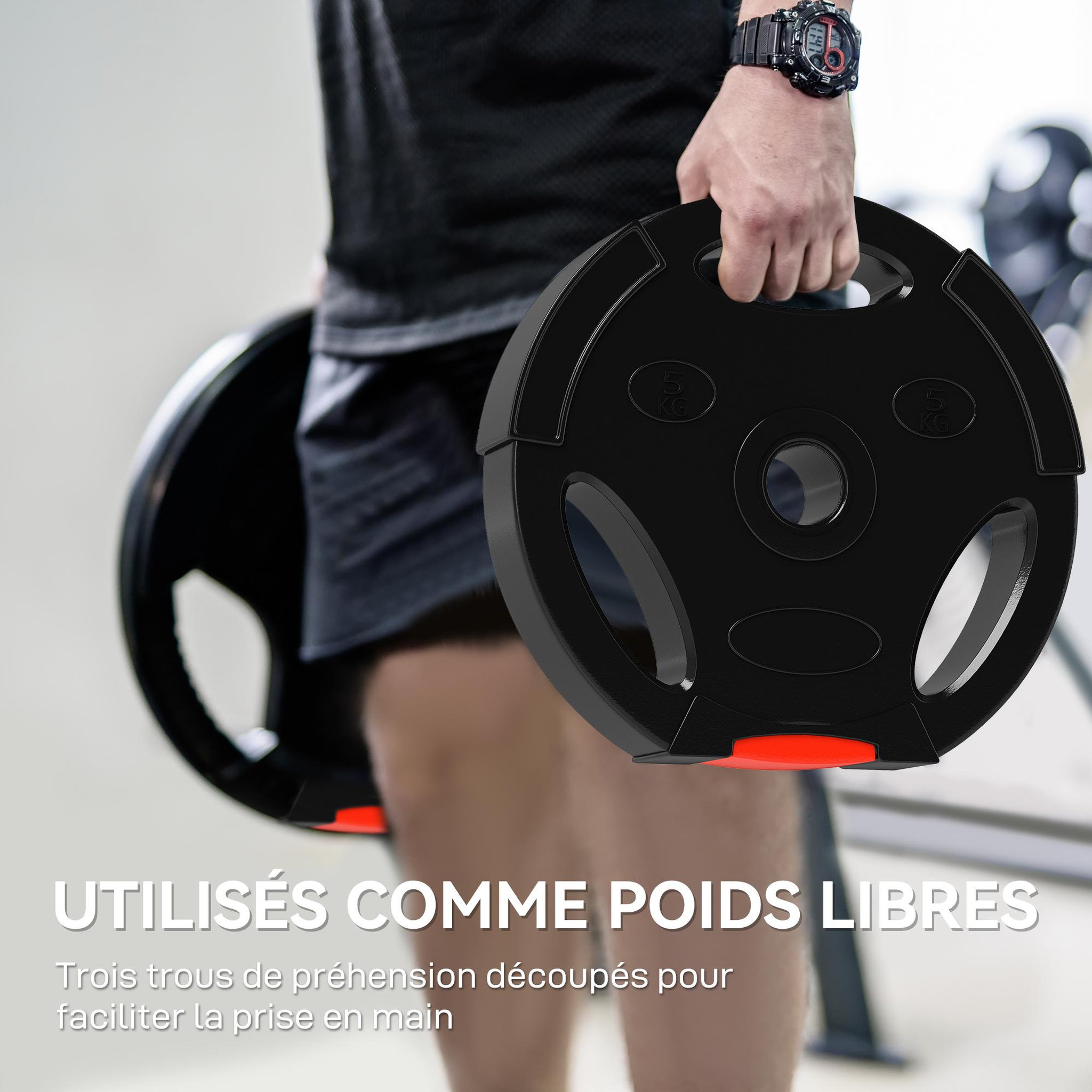 Voir la diapositive 5 : HOMCOM Disques de poids 2 x 5kg + 2 x 2,5kg - 3 poignées - trous de ø25 mm - revêtement pp noir