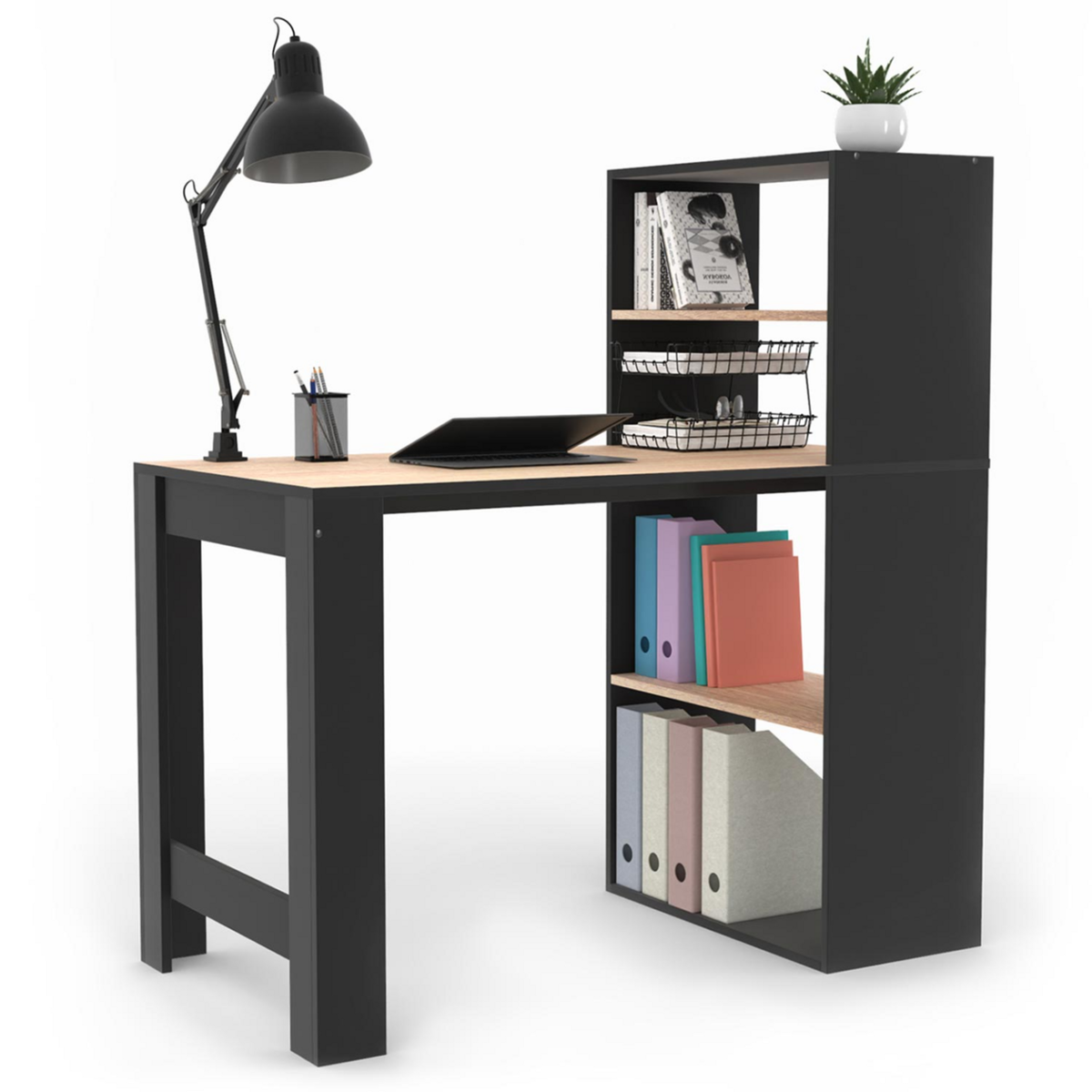 ID MARKET Bureau bibliothèque BEN avec étagères noir et façon hêtre
