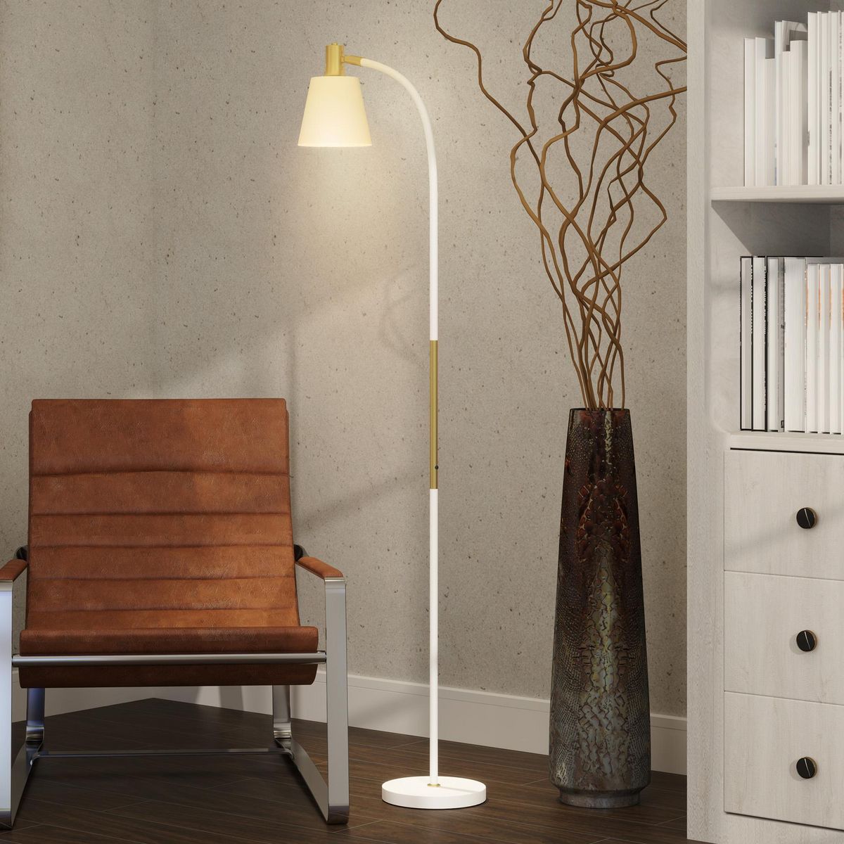 HOMCOM Lampadaire design néo-rétro hauteur réglable H.127-160 cm métal plastique blanc doré