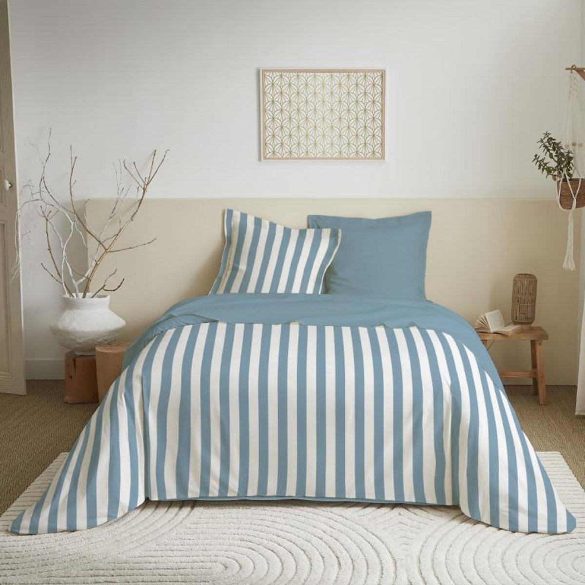 COTON PUR Parure de draps 4 pièces pour lit 160 x 200 cm  Grande largeur  Anatole azur