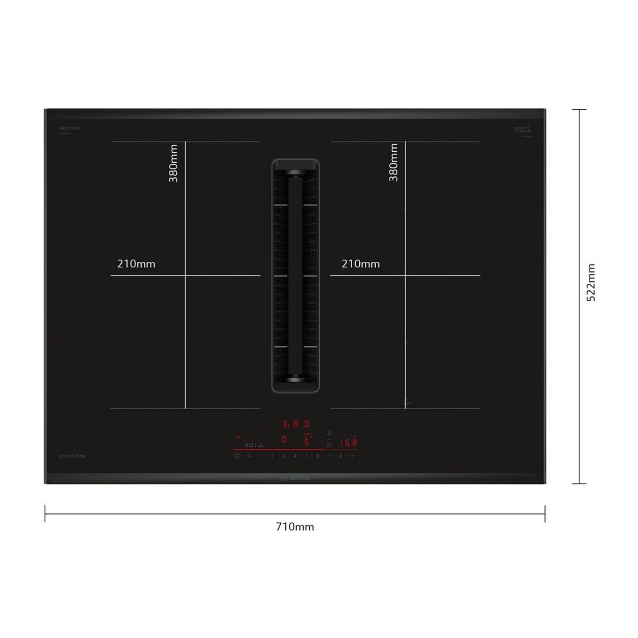 Voir la diapositive 2 : BOSCH Bosch pvq795h26e table de cuisson à induction 71 cm intégrée avec hotte escamotable downdraft, 4 zones dont 2 combizone, commandes sensitives, extraction 500 m³/h et 69 db