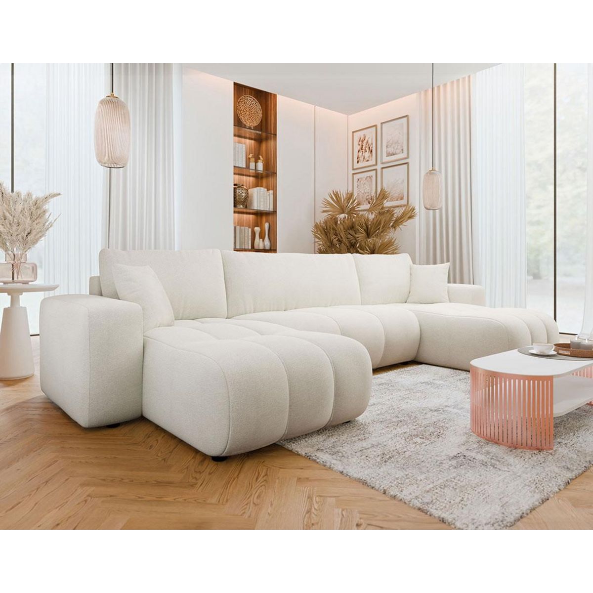 BEST MOBILIER Nicole - canapé panoramique en u 7 places convertible avec coffre en tissu