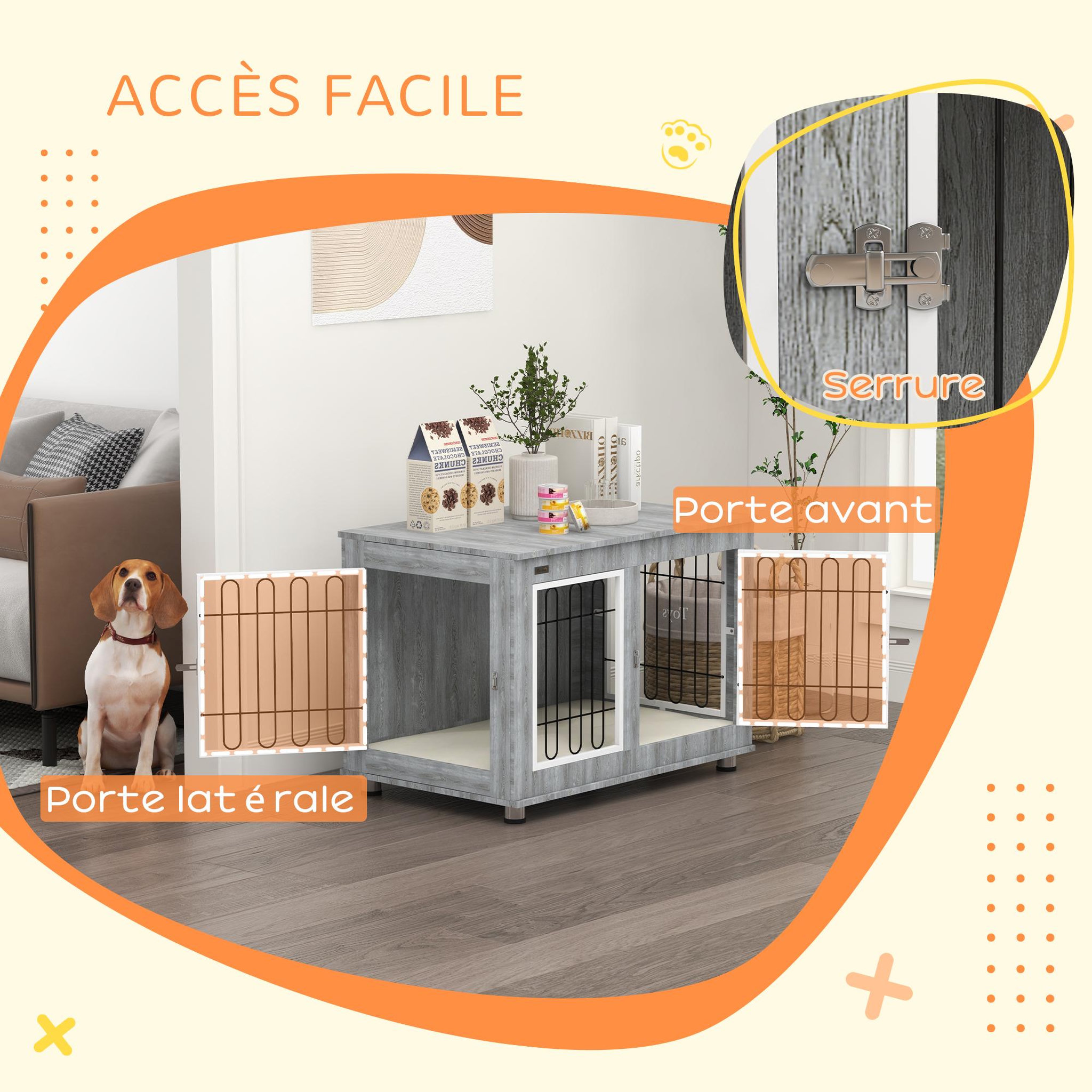 Voir la diapositive 6 : PAWHUT Cage pour chien sur pied - 2 portes verrouillables, coussin déhoussable inclus - acier filaire noir panneaux aspect bois gris