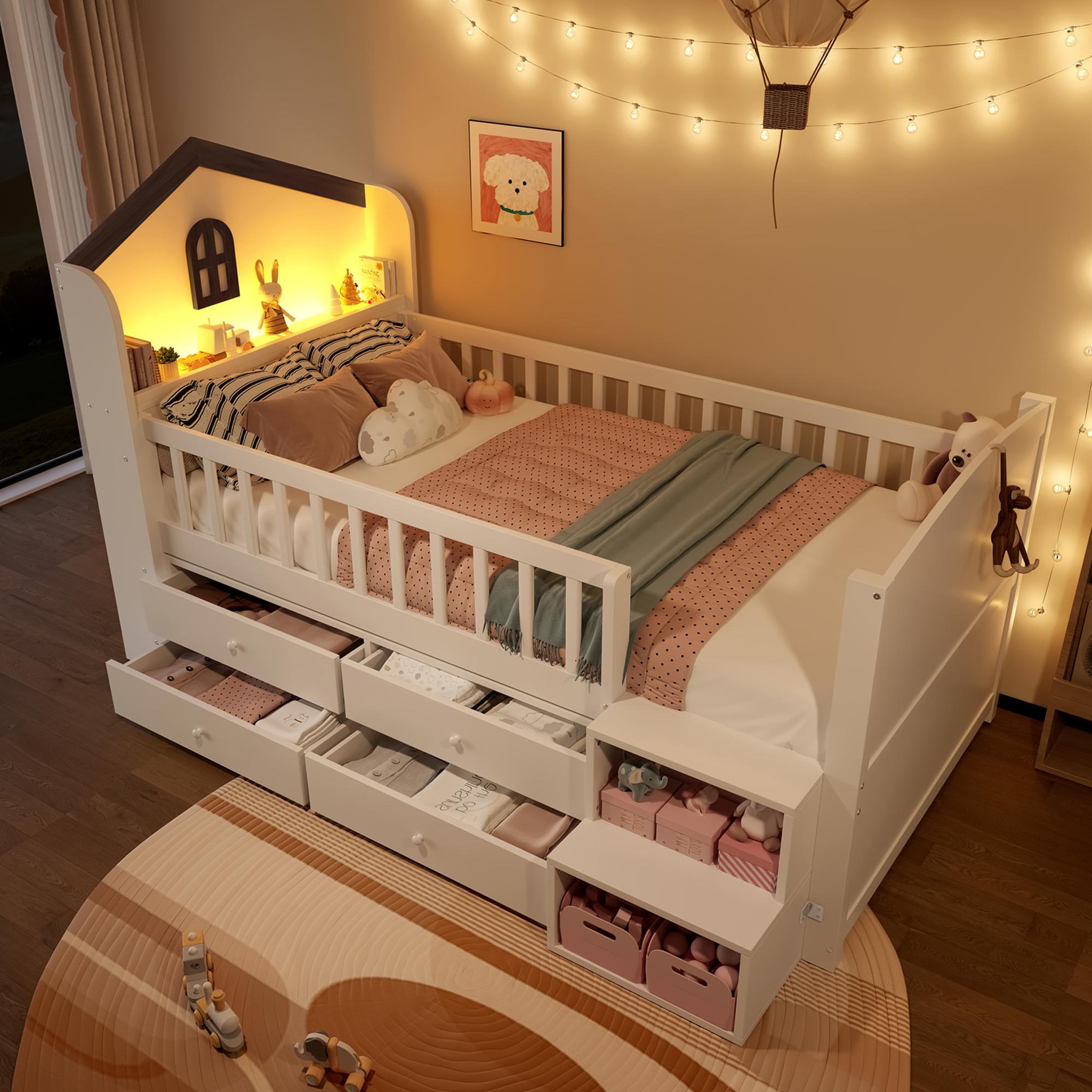 Voir la diapositive 5 : MERAX Lit enfant mi hauteur 90x200cm coloris blanc led pin