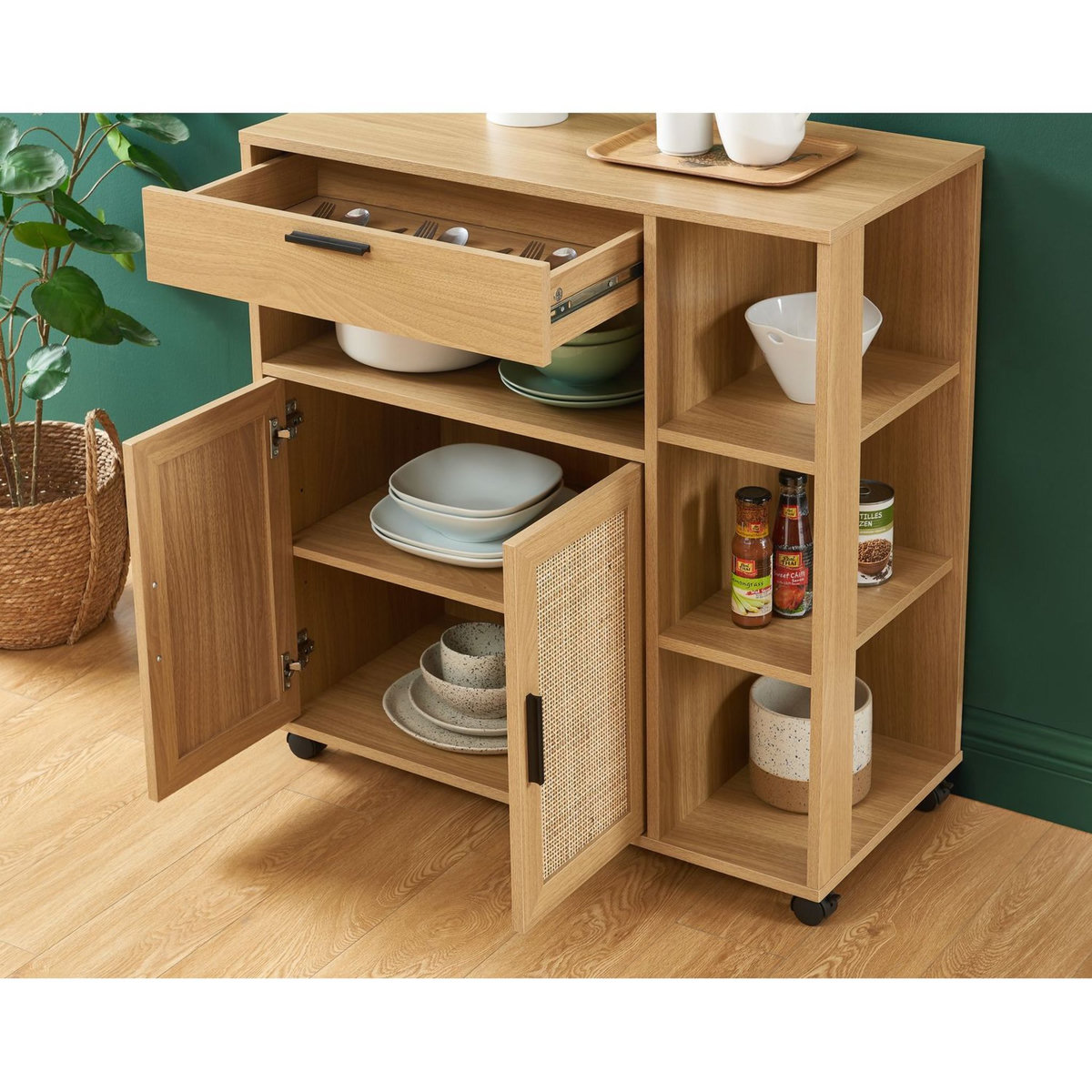 Desserte de cuisine 2 portes 1 tiroir en cannage naturel L80cm AMANDINE