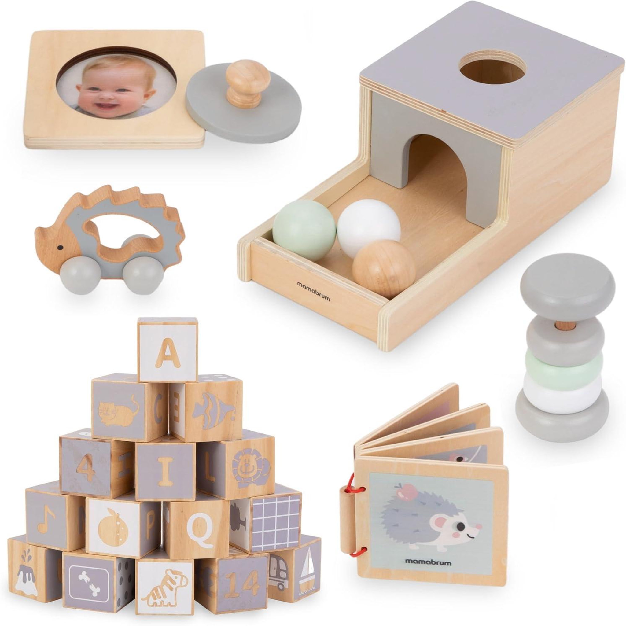 MAMABRUM Jeux Éveil Sensoriel Montessori en Bois, Boîte éducative Enfant, 6 Jouets Éducatifs