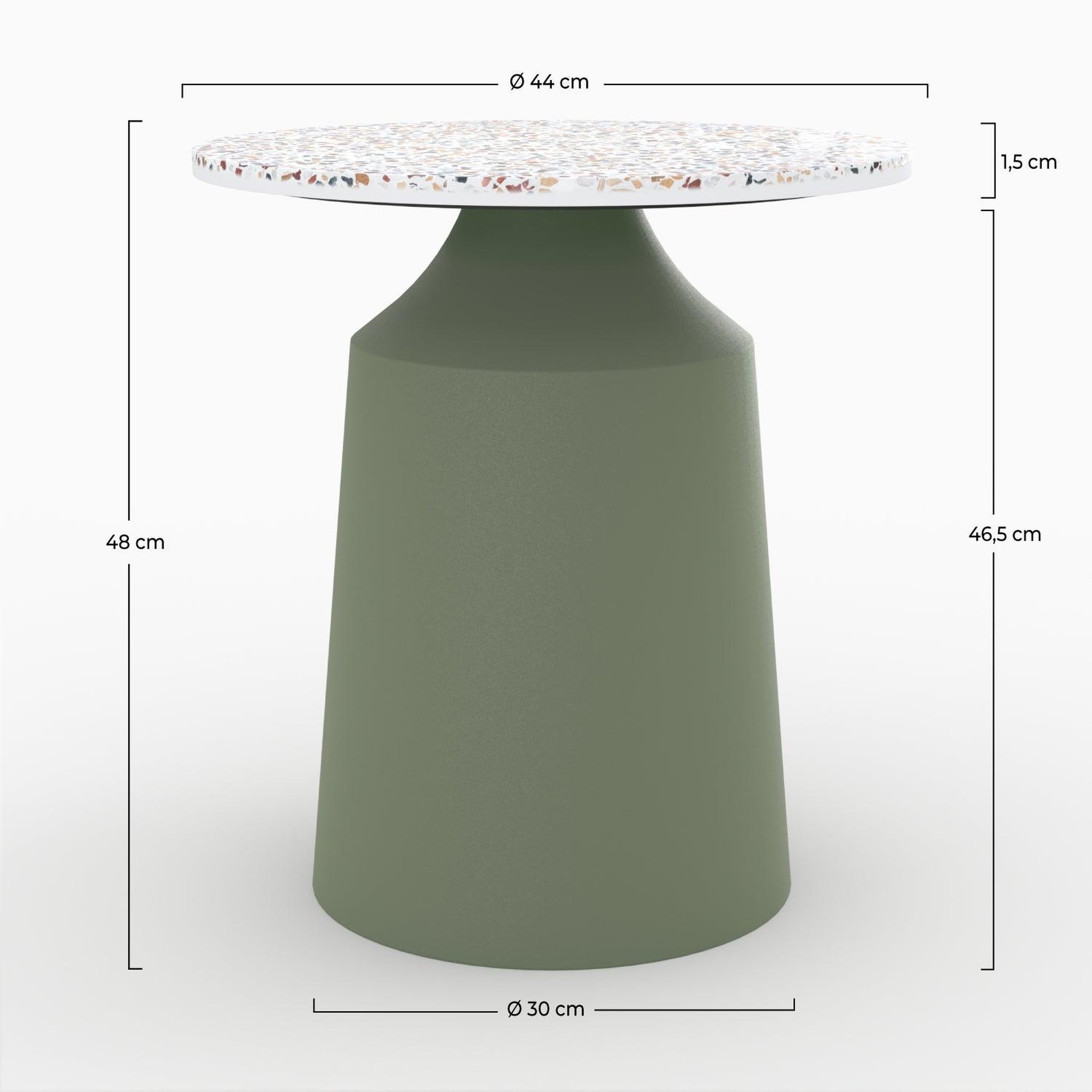 Voir la diapositive 4 : MAISON PAVANE Table d'appoint ronde en terrazzo et métal vert kaki D44 cm-Daphné