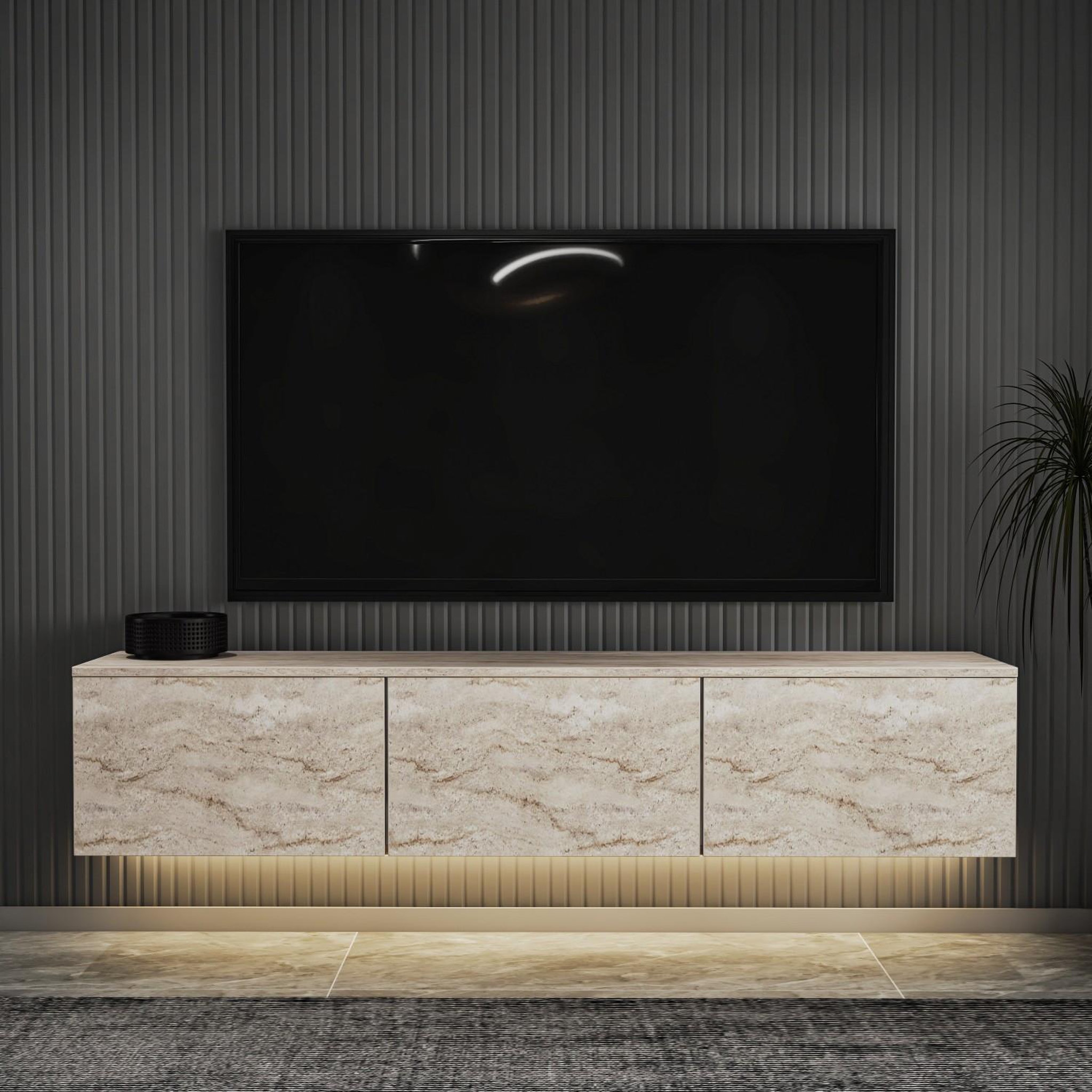 Voir la diapositive 2 : Habitat et Jardin Meuble tv suspendu en bois avec éclairage led  neon illuminated  - 160 x 32 x 35 cm - travertin