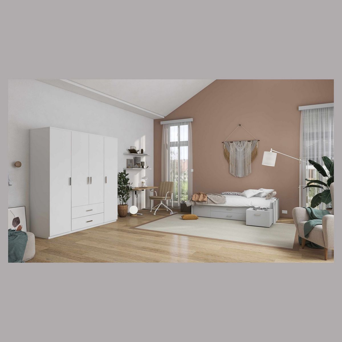 Lit simple multi-rangements chevet intégré 90x200 cm NAYA