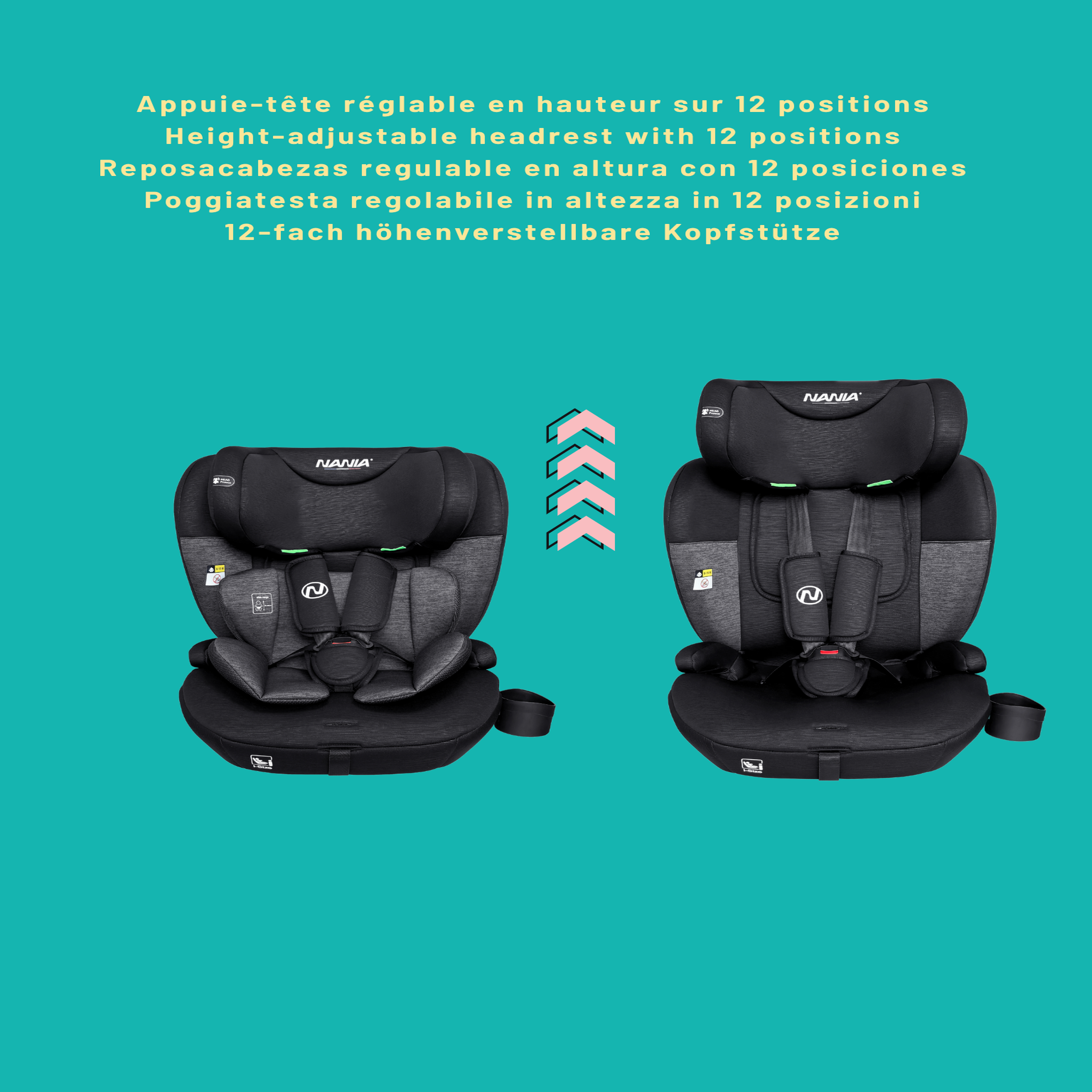Voir la diapositive 2 : NANIA Nania Siège auto bébé ISOFIX Milano évolutif 76-150 cm, 15 mois à 12 ans, Têtière ajustable 12 niveaux de réglages, Protections latérales, Harnais de sécurité 5 points, Housse amovible et lavable - Porte gobelet