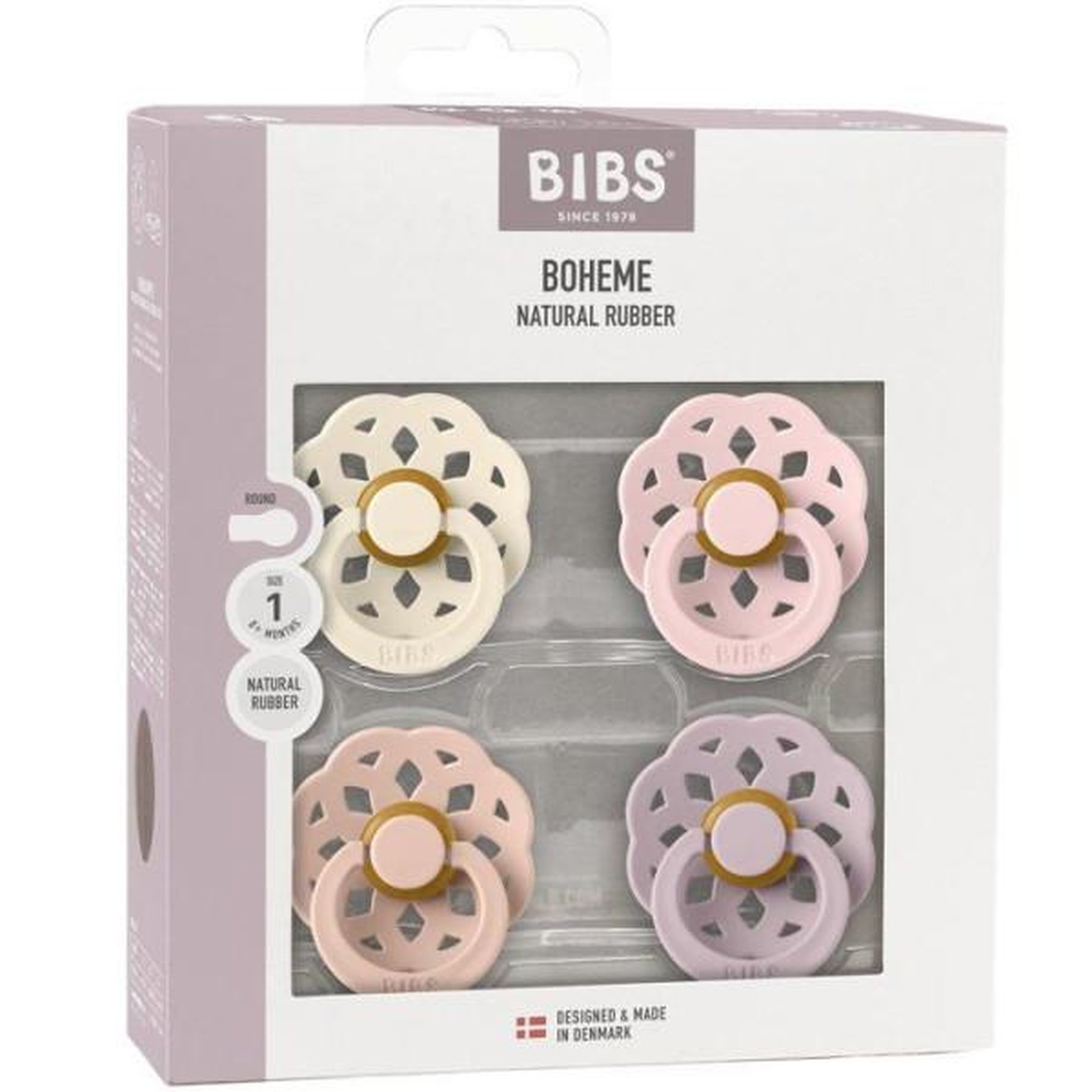 BIBS Sucette bébé - BIBS - Boheme - Embout rond - Pack de 4 - Caoutchouc naturel - Taille 1 Ivory Blush Blossom Dusty Lilac