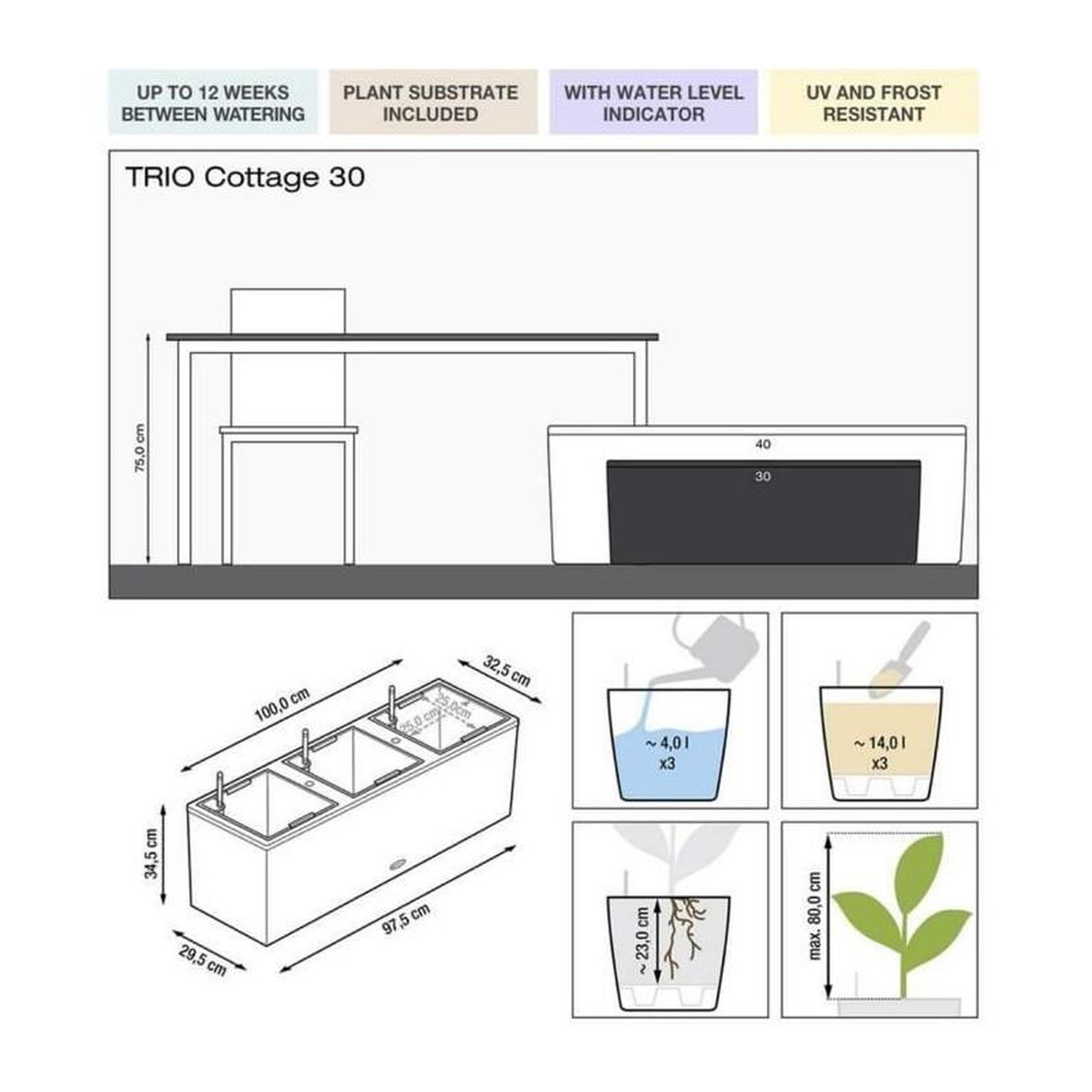 Voir la diapositive 2 : LECHUZA Pot Trio Cottage 30 - kit complet, granit - 100 cm