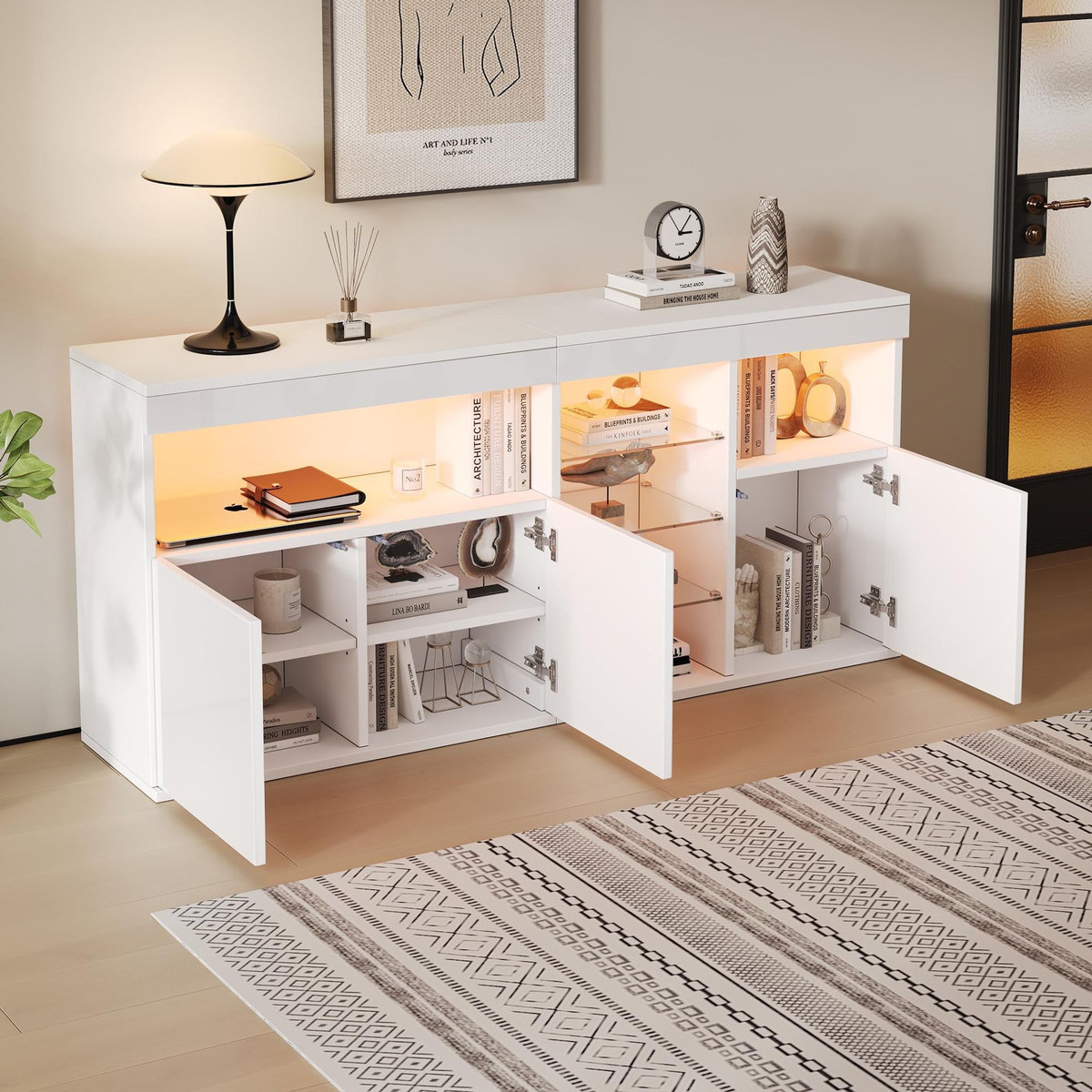 MERAX Buffet 3 porte(s) 0 tiroir(s) - 155,5 cm blanc led panneau de particules