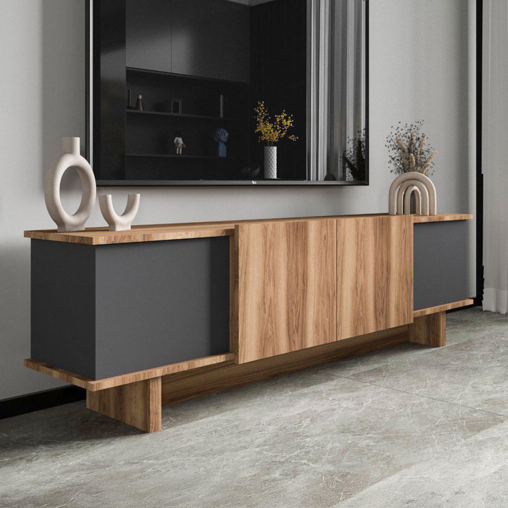 Voir la diapositive 4 : CONCEPT USINE Meuble tv design avec placards aspect bois et gris anthracite 180cm broni