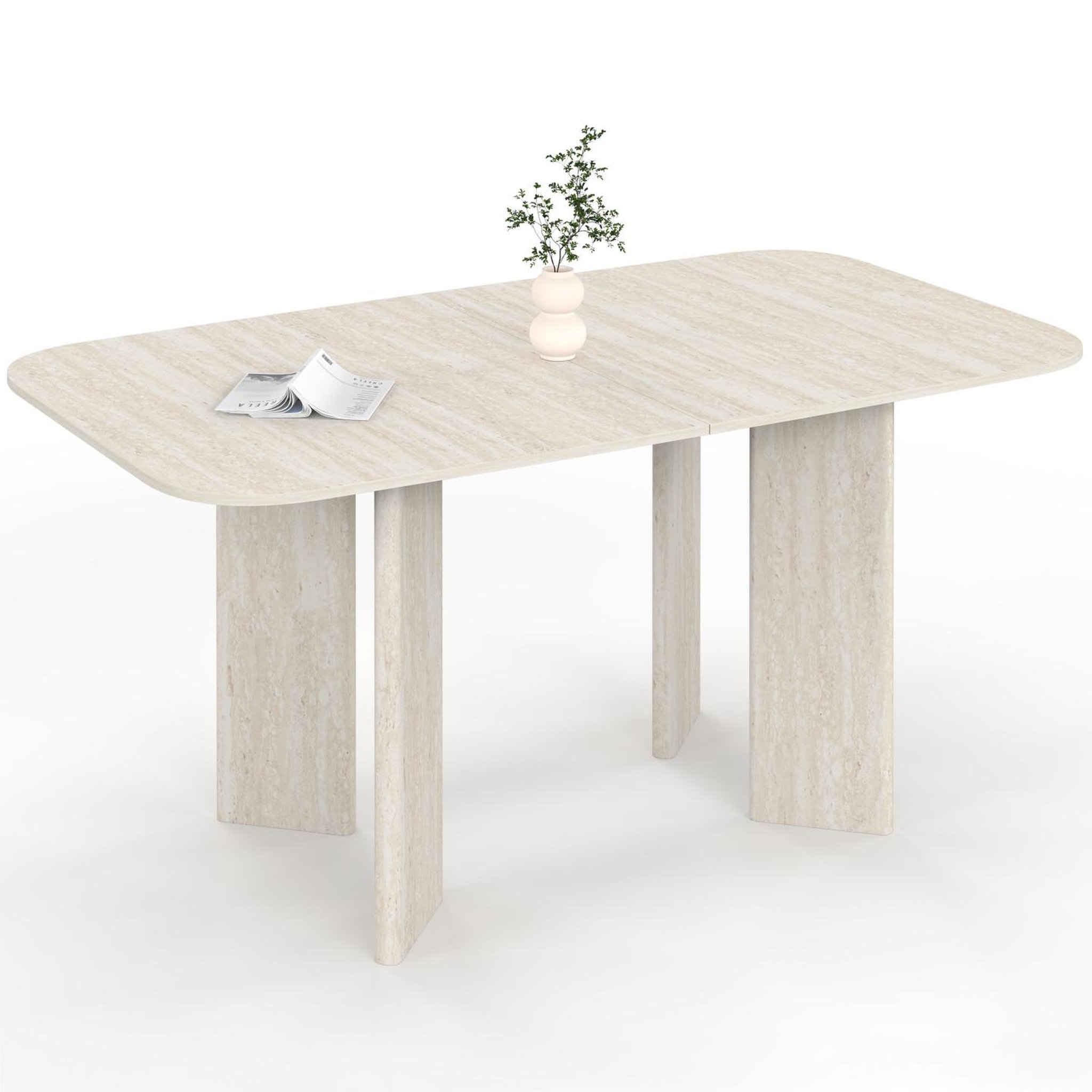Voir la diapositive 5 : ID MARKET Table à manger extensible rectangulaire arrondie capucine 6-10 personnes 4 pieds design arrondi façon travertin 160-200 cm