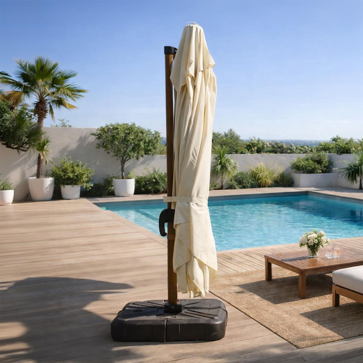 CONCEPT USINE Parasol rectangulaire 3x4m déporté rotatif écru pied effet bois en aluminium CESARE