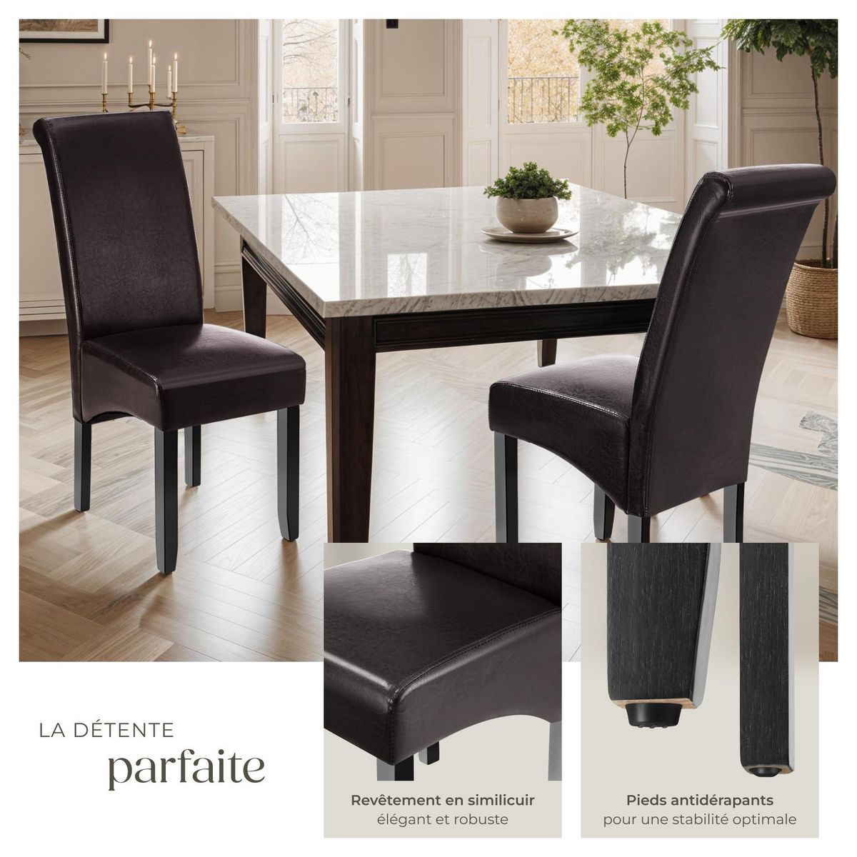 tectake Chaise de salle à manger avec revêtement en cuir synthétique marron Lot de 6