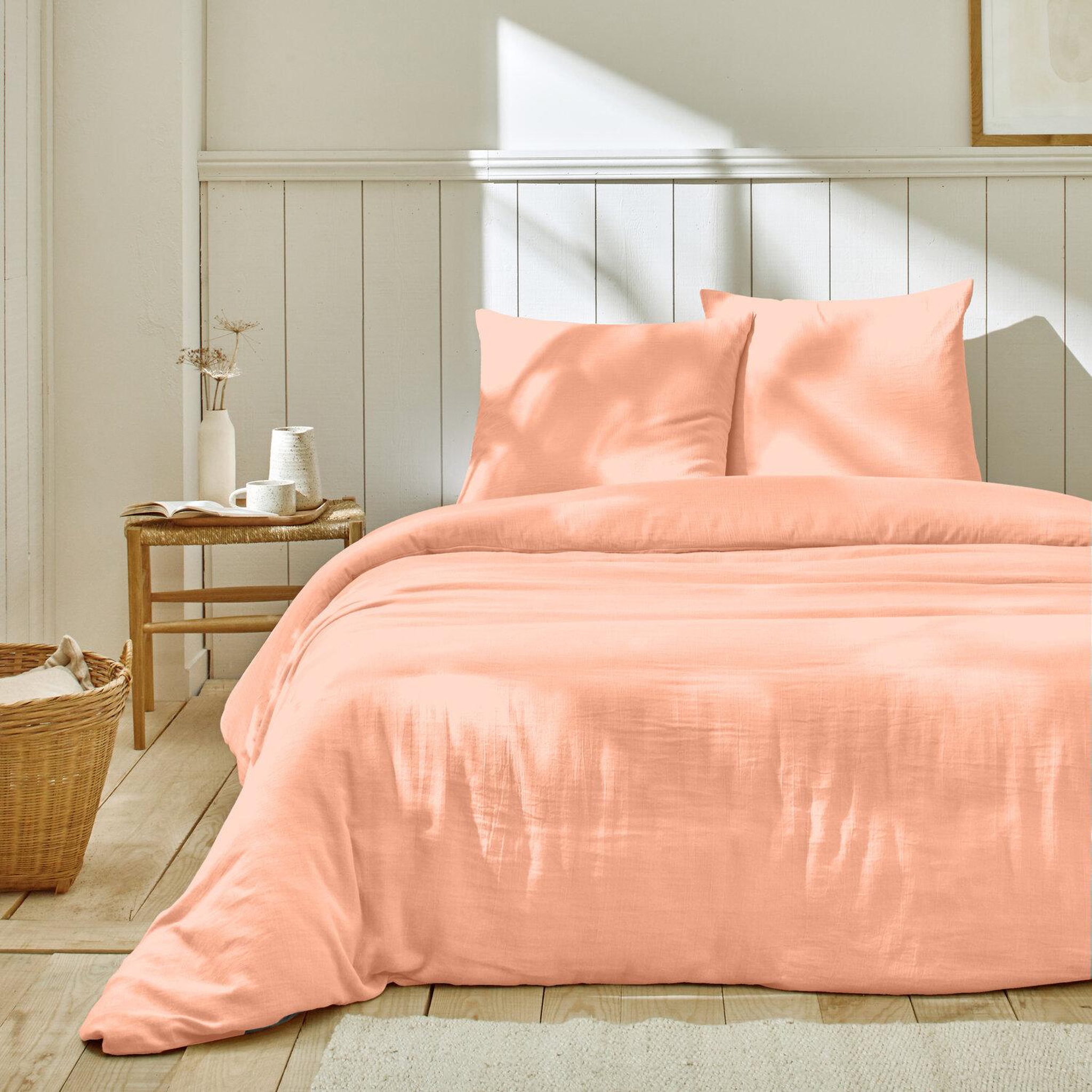 Voir la diapositive 3 : Home collection Parure housse de couette en gaze de coton - rose