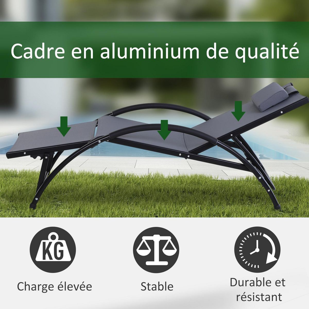 OUTSUNNY Bain de soleil transat design contemporain inclinable multi-positions repose-pied réglable tétière incluse alu textilène gris