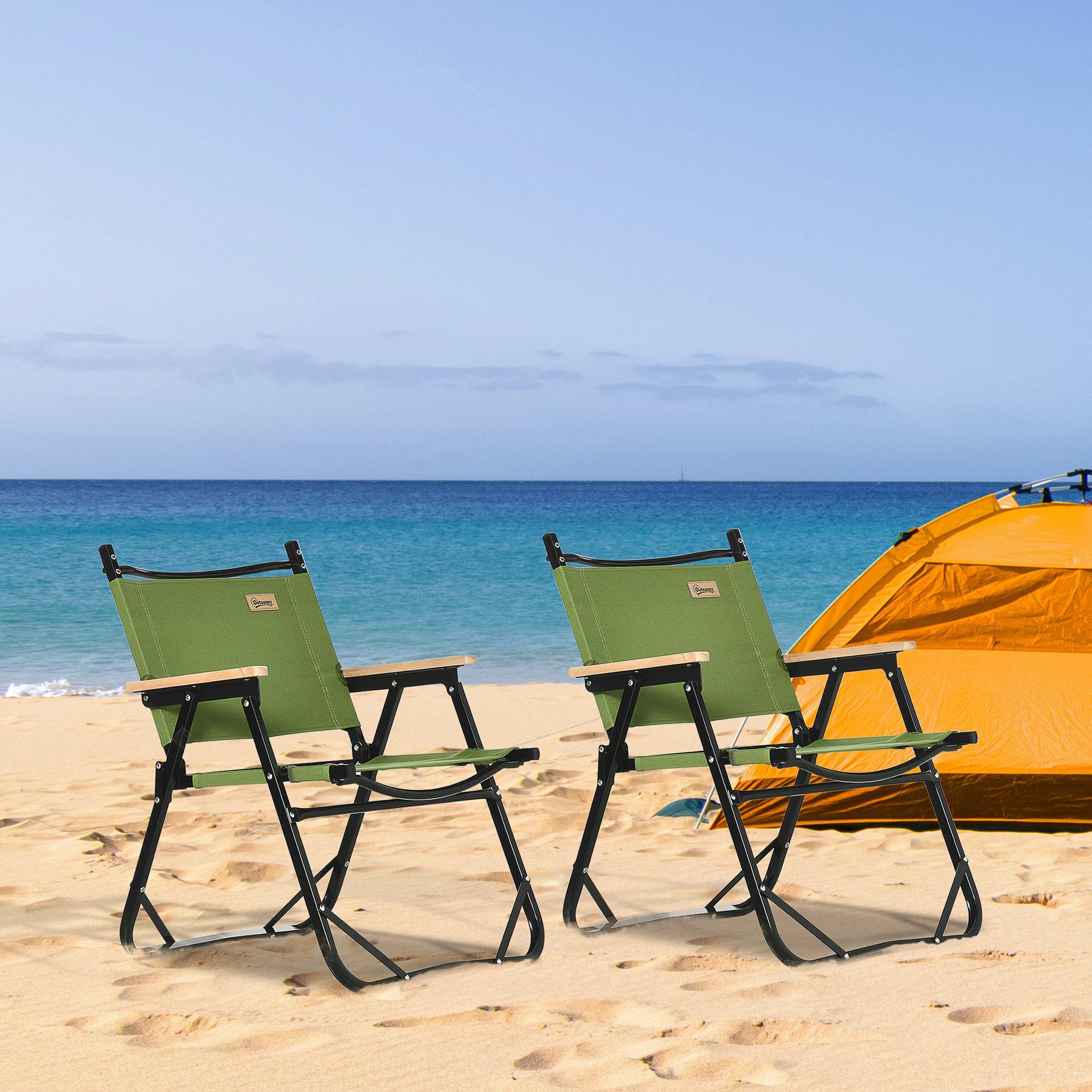 Voir la diapositive 2 : OUTSUNNY Lot de 2 chaises de plage camping pliantes - structure en aluminium avec sac de transport - dim. 55L x 55l x 66H cm vert