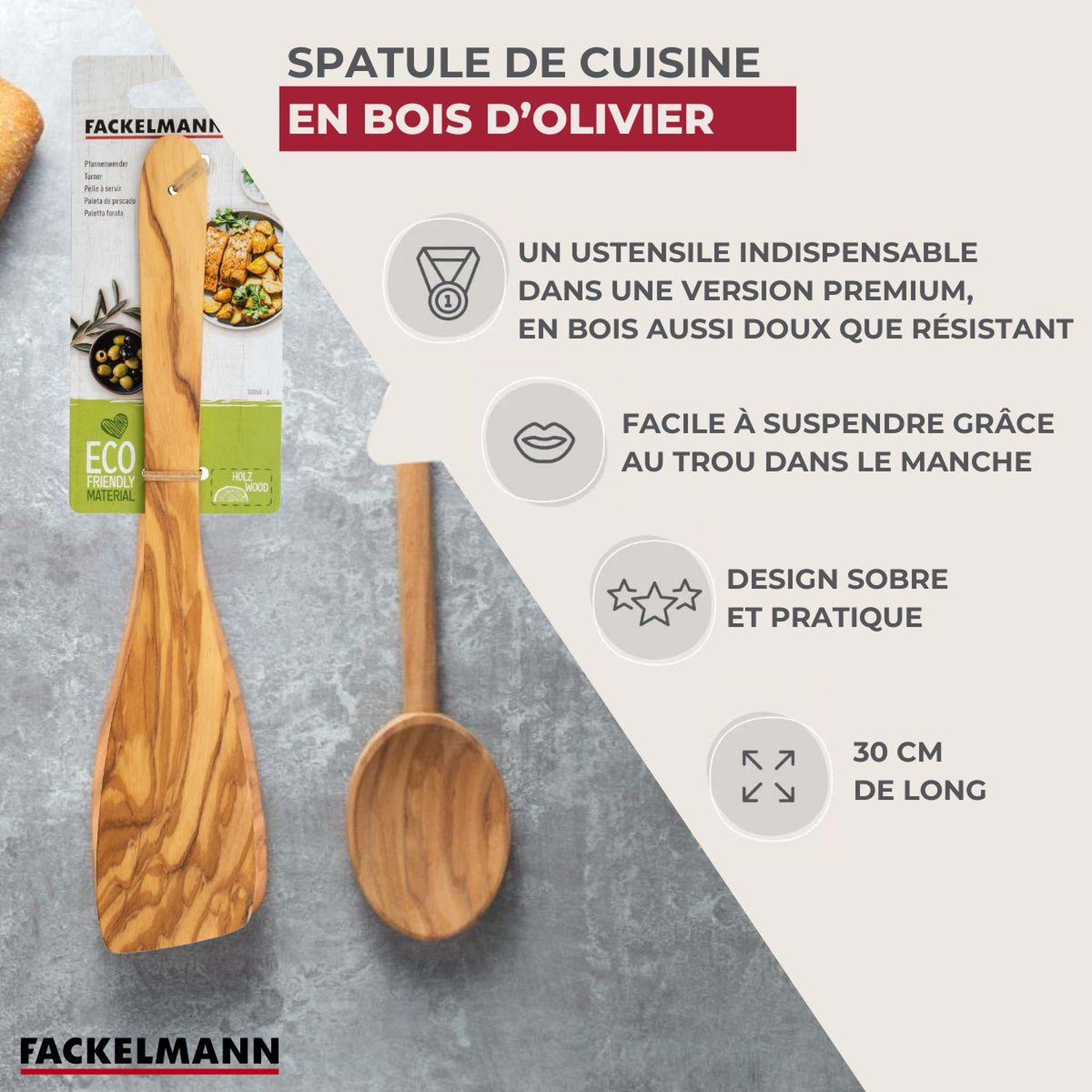 Voir la diapositive 3 : Fackelmann Ensemble de 2 spatules de cuisine 30 cm fackelmann édition bois d'olivier
