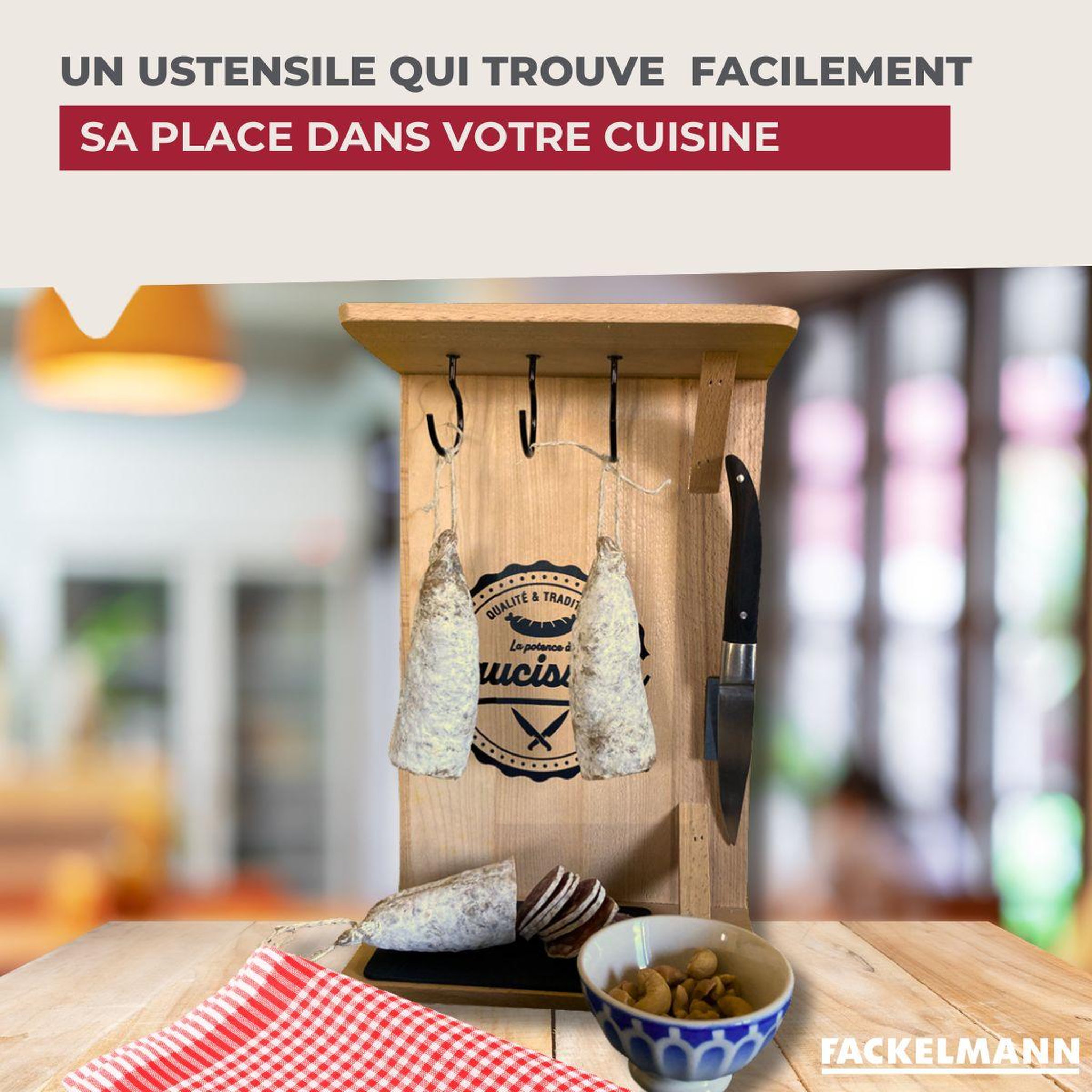 Voir la diapositive 5 : Fackelmann Support en bois pour saucisson sec avec crochets Fackelmann