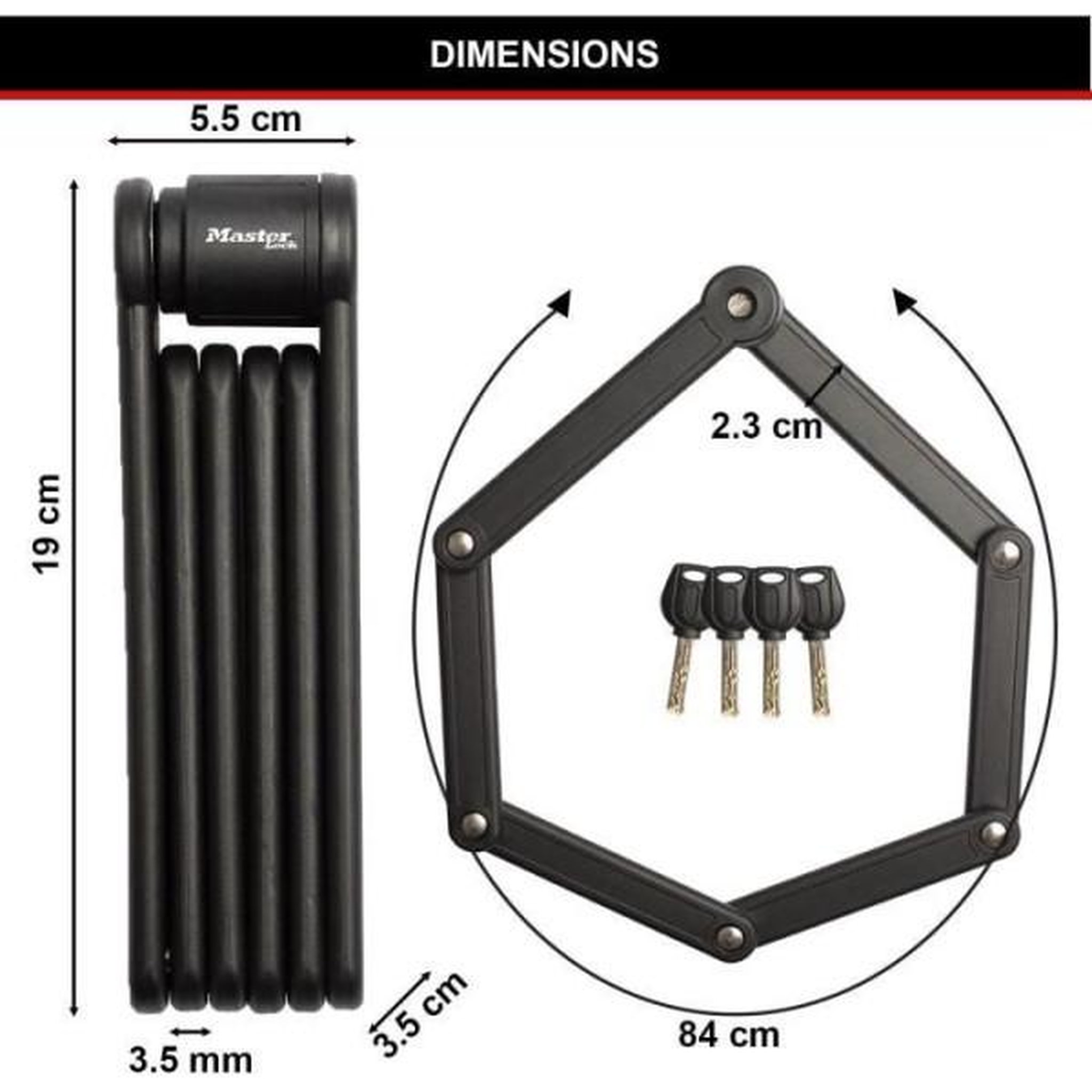 Voir la diapositive 2 : Master lock Antivol Vélo Pliable - MASTER LOCK - 8335EURDPRO - Acier Trempé, 4 Clés, Support Inclus