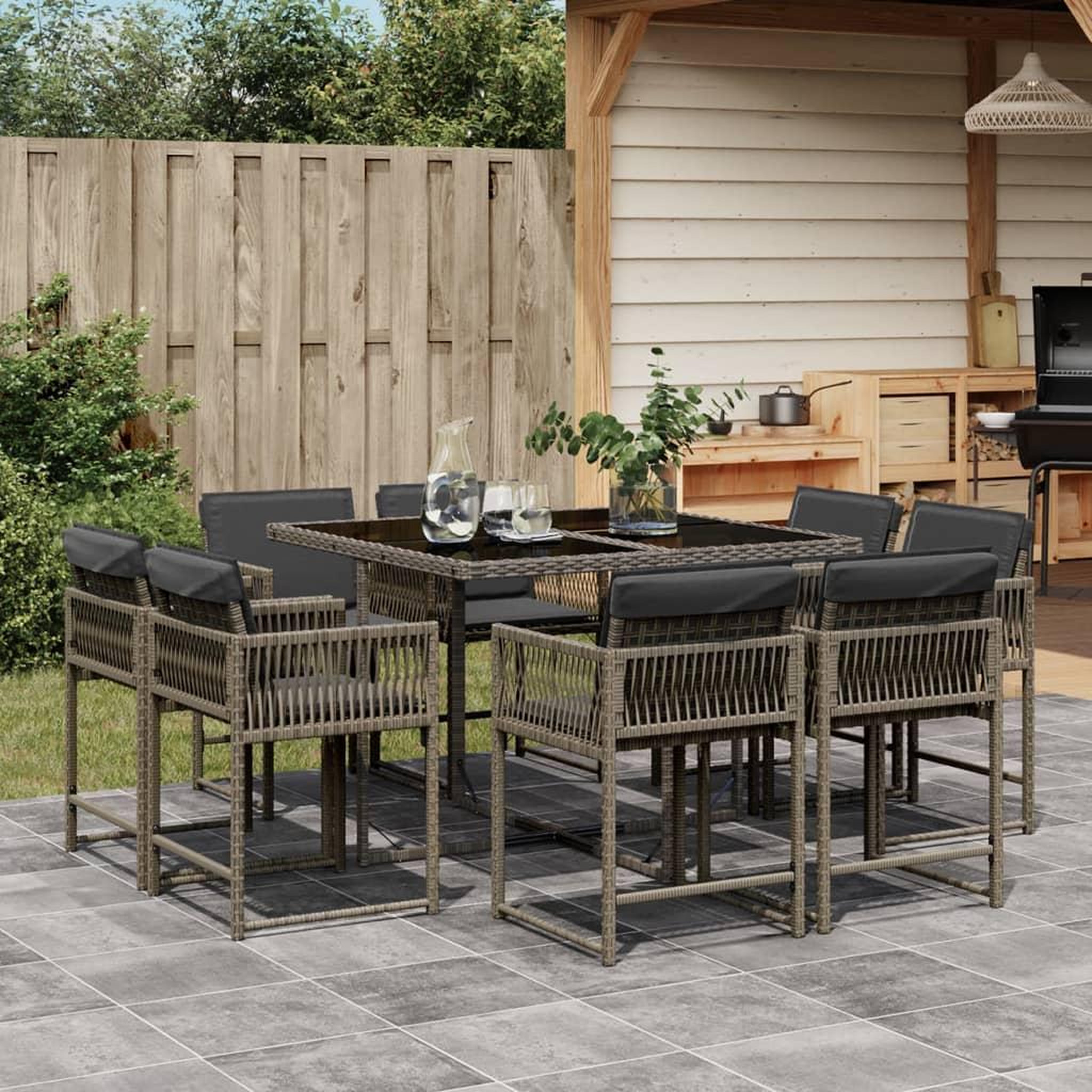 VIDAXL Ensemble a manger de jardin 9 pcs coussins gris resine tressee