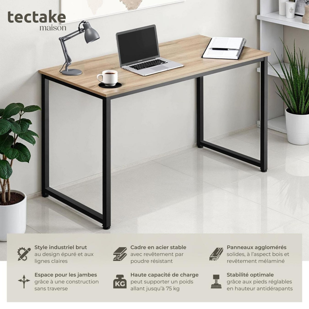 tectake Bureau Style industriel Grand espace pour les jambes