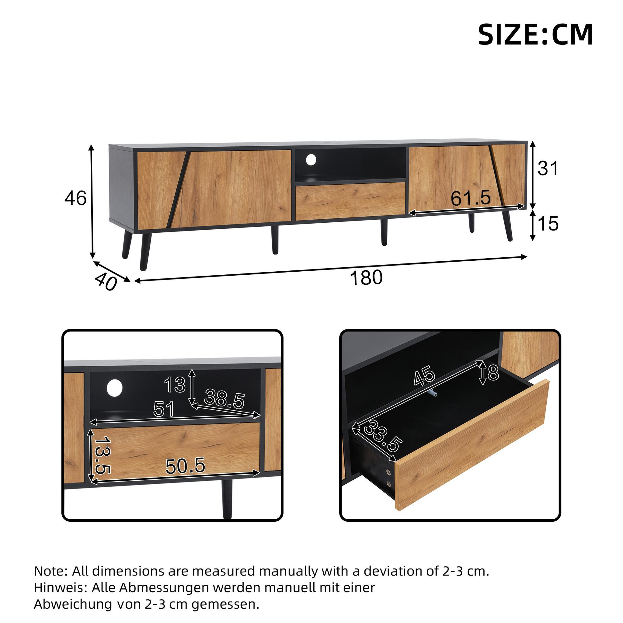 Voir la diapositive 3 : MERAX Meuble tv noir+naturel 180cm panneau de particules