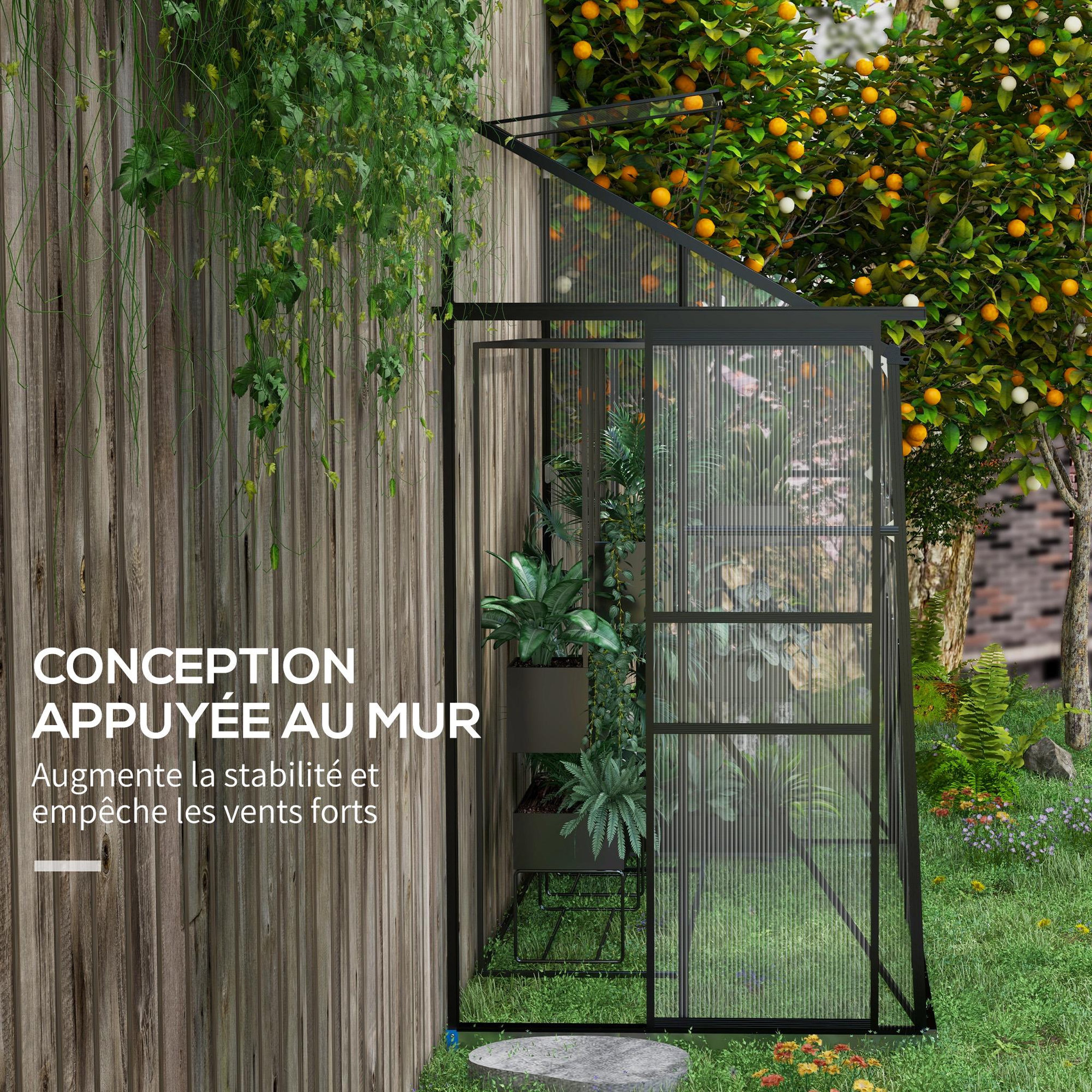 Voir la diapositive 4 : OUTSUNNY Serre de jardin adossée serre adossée dim. 2,53L x 1,27l x 2,4H m fondation porte coulissante lucarne alu polycarbonate noir