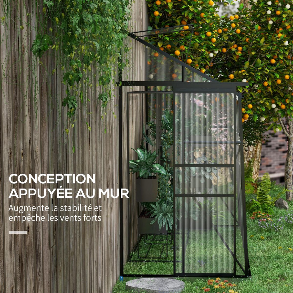 OUTSUNNY Serre de jardin adossée serre adossée dim. 2,53L x 1,27l x 2,4H m fondation porte coulissante lucarne alu polycarbonate noir