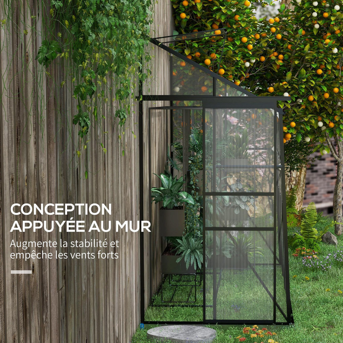 OUTSUNNY Serre de jardin adossée serre adossée dim. 2,53L x 1,27l x 2,4H m fondation porte coulissante lucarne alu polycarbonate noir