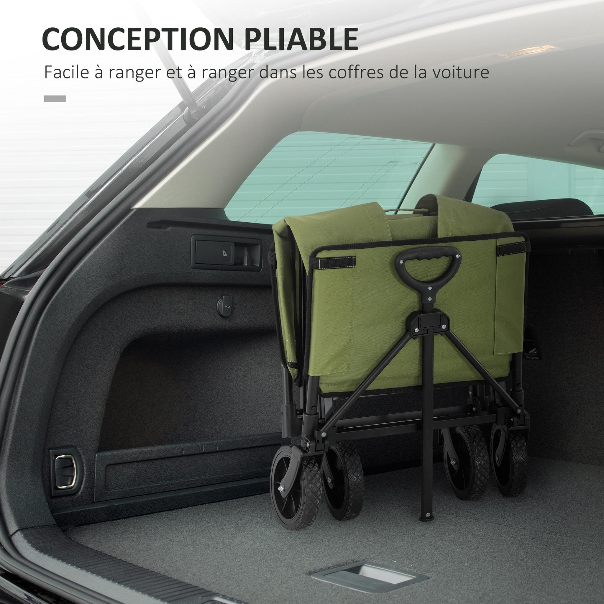 Voir la diapositive 4 : OUTSUNNY Chariot de jardin pliable 130l - housse zippée amovible, poignée télescopique mobile - acier noir tissu kaki