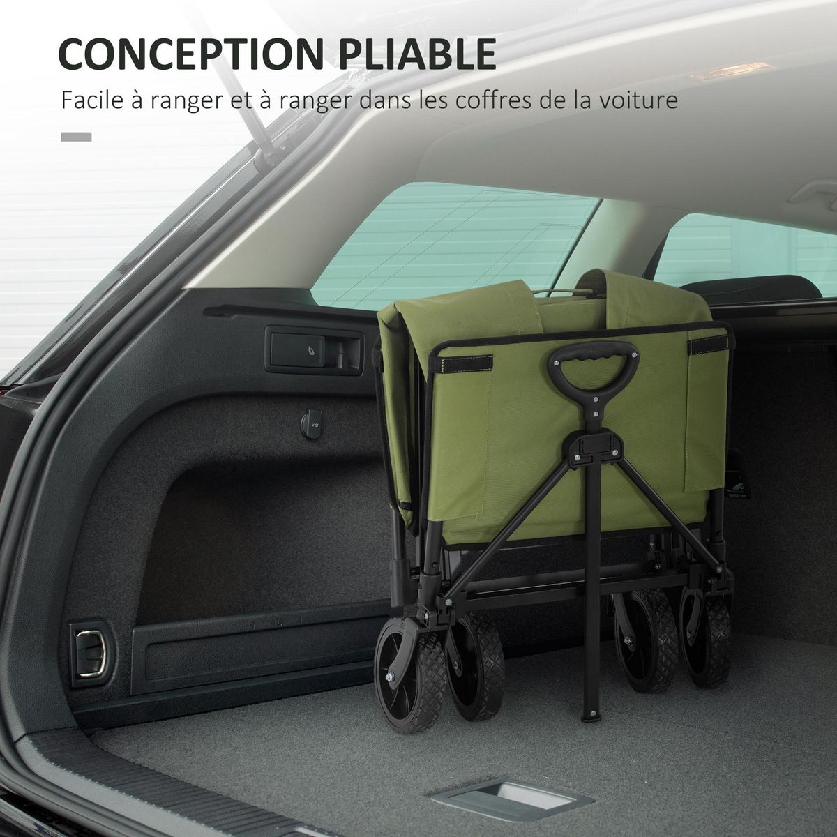 OUTSUNNY Chariot de jardin pliable 130L - housse zippée amovible, poignée télescopique mobile - acier noir tissu kaki