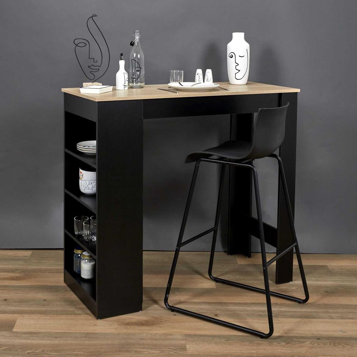 TOILINUX Table de bar mange debout Cheers avec 4 niches de rangement en MDF - Noir et Marron