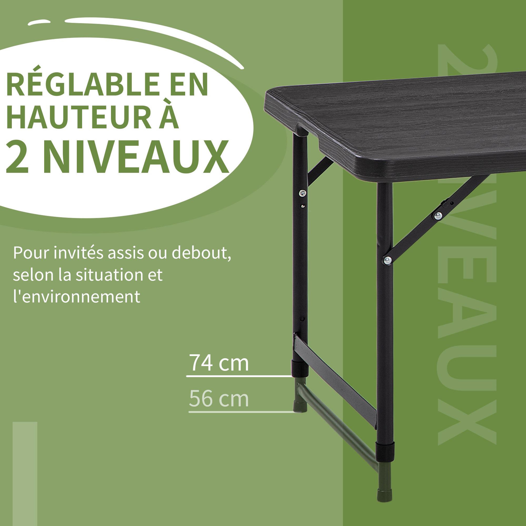 Voir la diapositive 5 : OUTSUNNY Table de jardin pliable 4 personnes table de camping pliable hauteur réglable acier époxy plateau hdpe aspect bois gris