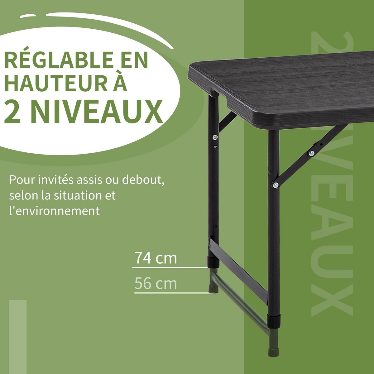 OUTSUNNY Table de jardin pliable 4 personnes table de camping pliable hauteur réglable acier époxy plateau HDPE aspect bois gris
