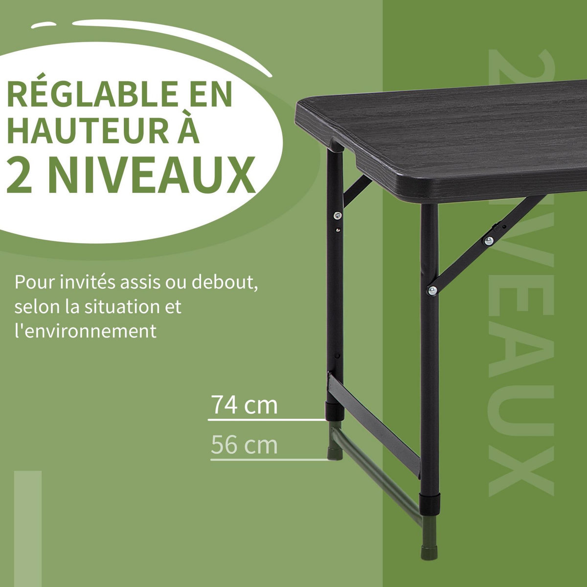 OUTSUNNY Table de jardin pliable 4 personnes table de camping pliable hauteur réglable acier époxy plateau HDPE aspect bois gris