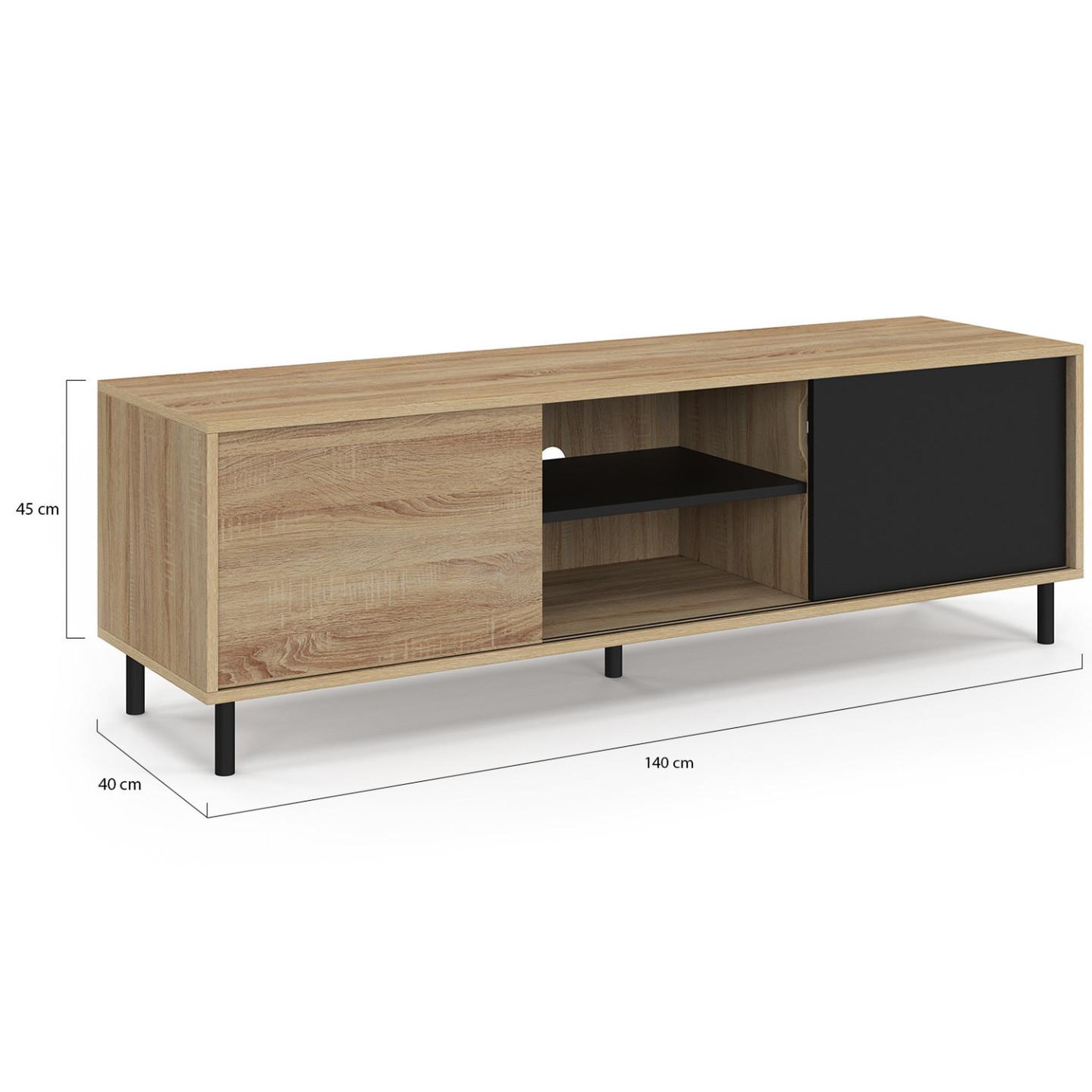 Voir la diapositive 4 : ID MARKET Meuble tv 140 cm easy montage sans outils 2 portes coulissantes réversibles effet bois et noir