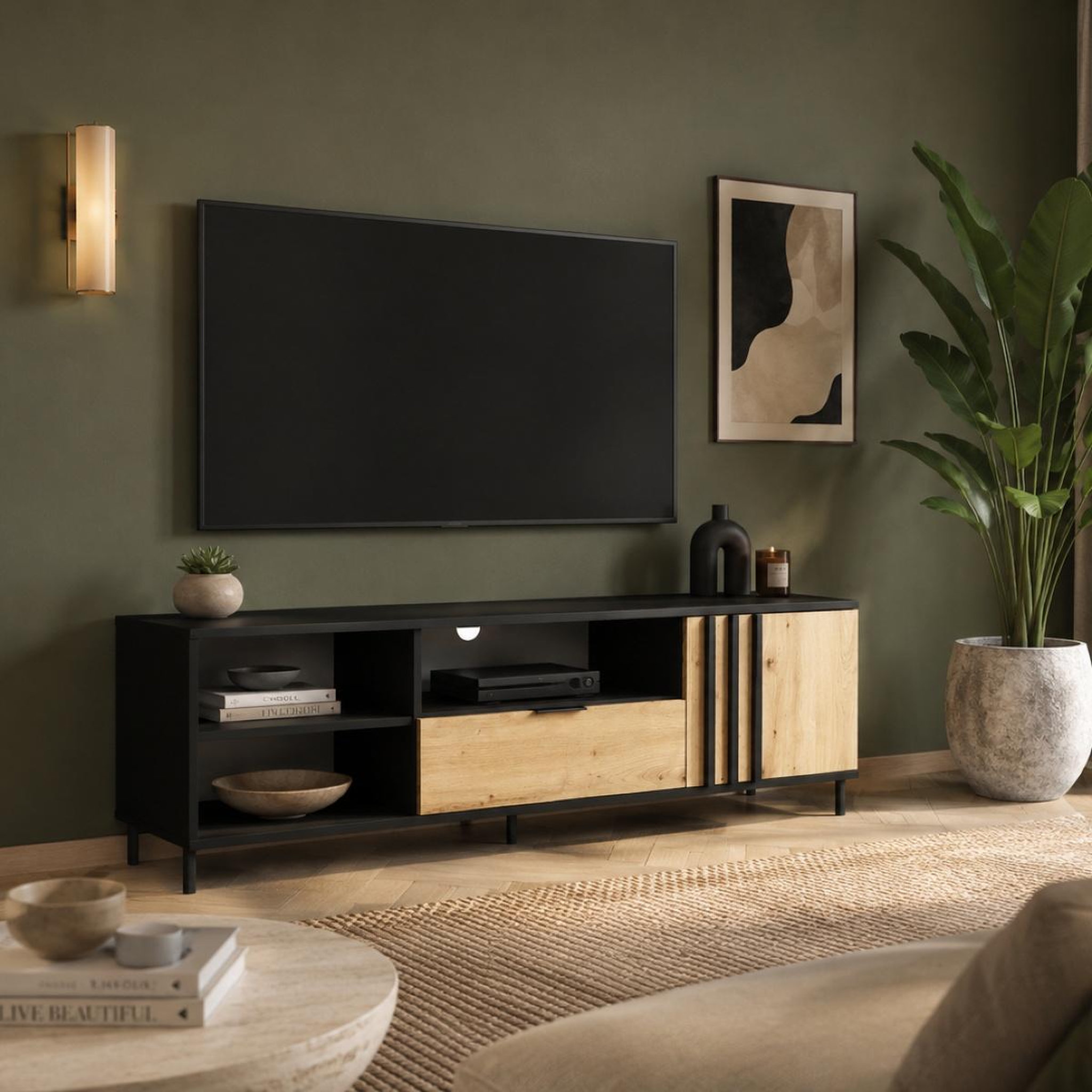 Voir la diapositive 2 : JLC KREATION Meuble tv moderne noir et bois 160cm irina