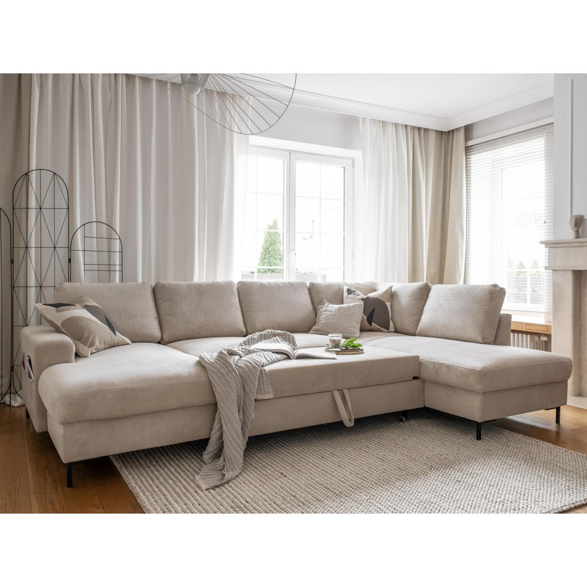 BEST MOBILIER Lilly - canapé panoramique d'angle droit - 7 places - convertible avec coffre - en velours côtelé