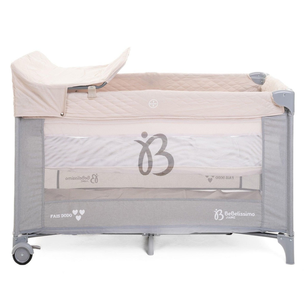 BEBELISSIMO BEBELISSIMO - Lit parapluie bébé - lit pliant - dès la naissance - Fais dodo - 2 niveaux - table à langer - beige/gris