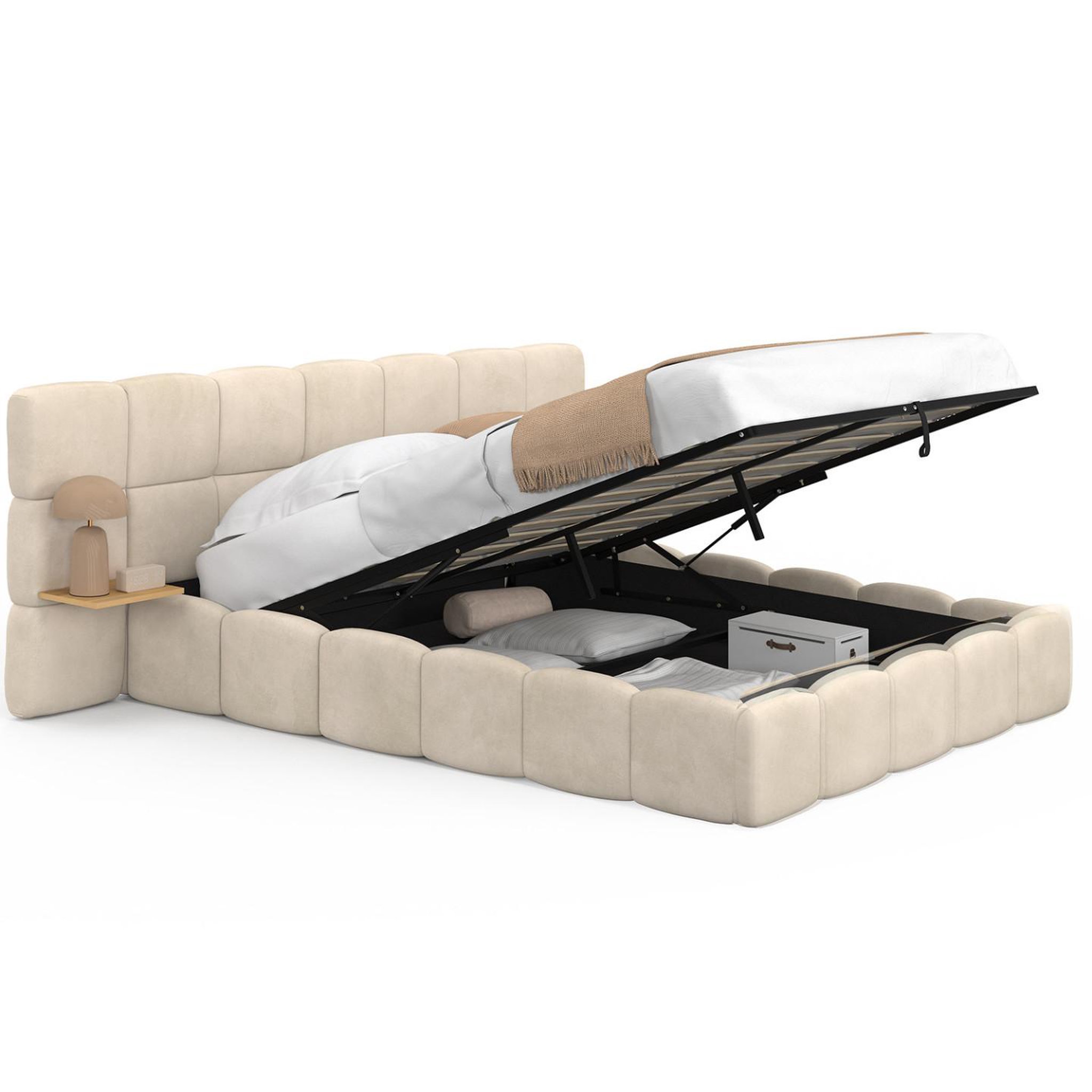 ID MARKET Lit coffre double nuage avec tête de lit matelassée + tables de chevet intégrées et sommier 140 x 190 cm velours beige