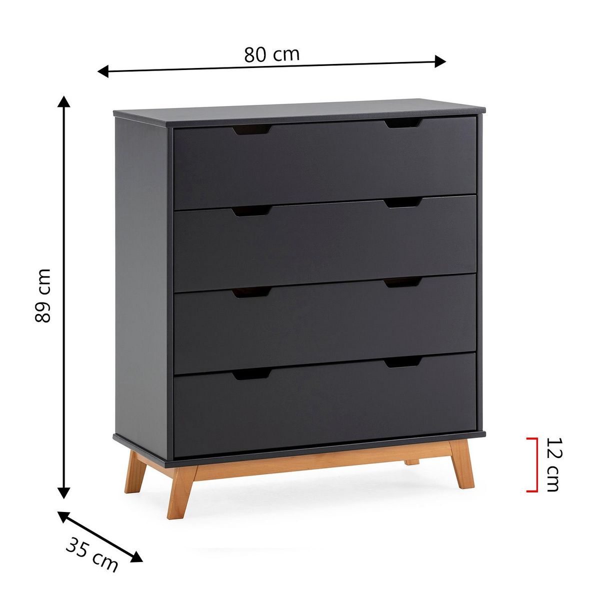 VS VENTA-STOCK Commode Miranda avec 4 tirois en Couleur Anthracite, Pieds en Bois Naturel